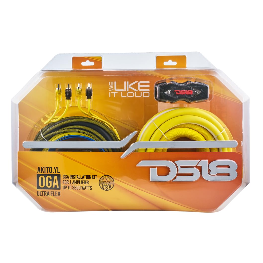 DS18 AKIT0.YL 0-GA Amplifier Installation Wiring Kit with Fuse Holder 250A, Up to 3500 Watts RMS, Ultra Flex Wire, Amp Wire Kit, Amp Wiring Kit 0 Gauge - Yellow