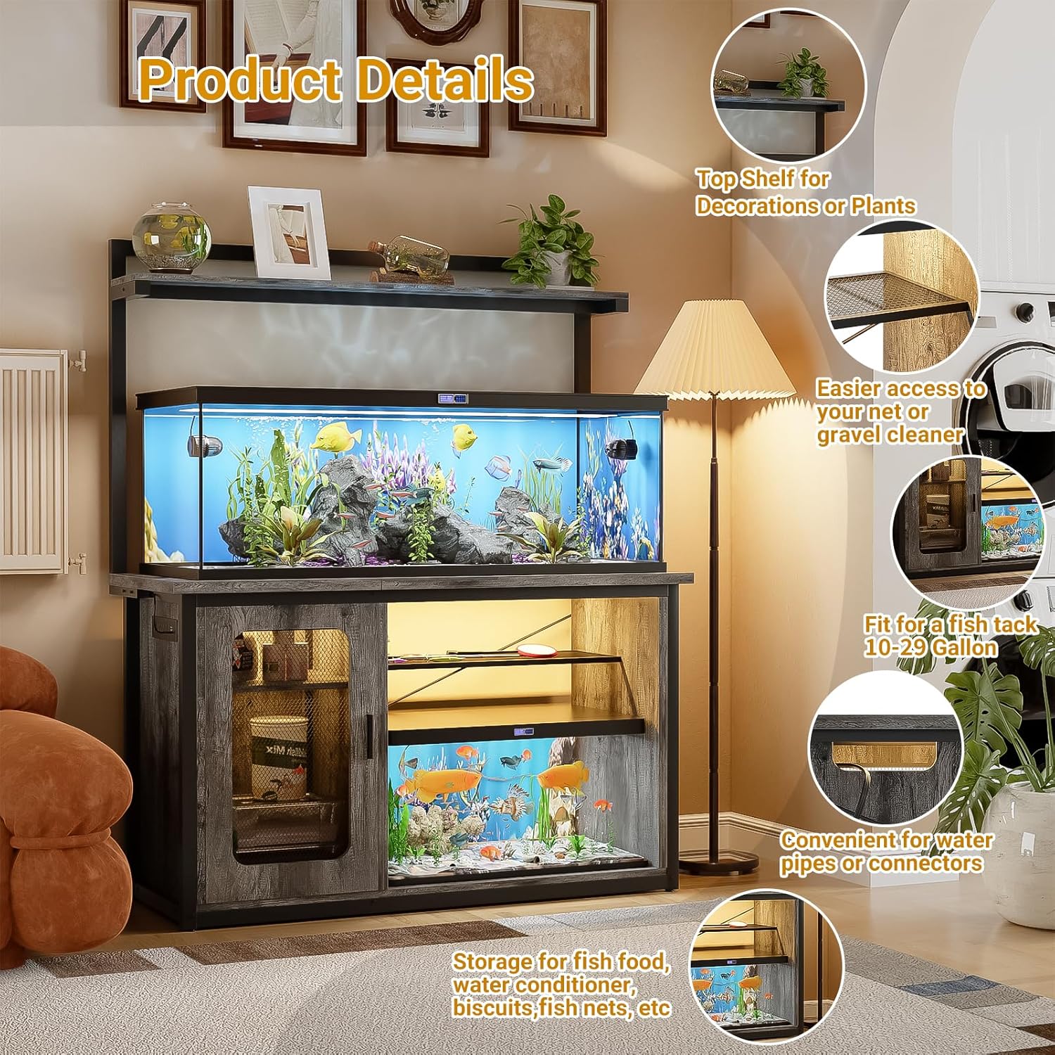 Unikito 55-75 Gallon Fish Tank Stand with Power Outlets & LED Light, Heavy Duty Aquarium Stand with Reversible Cabinet for Tank Accessory Storage, Reptile/Terrarium Stand, Black Oak