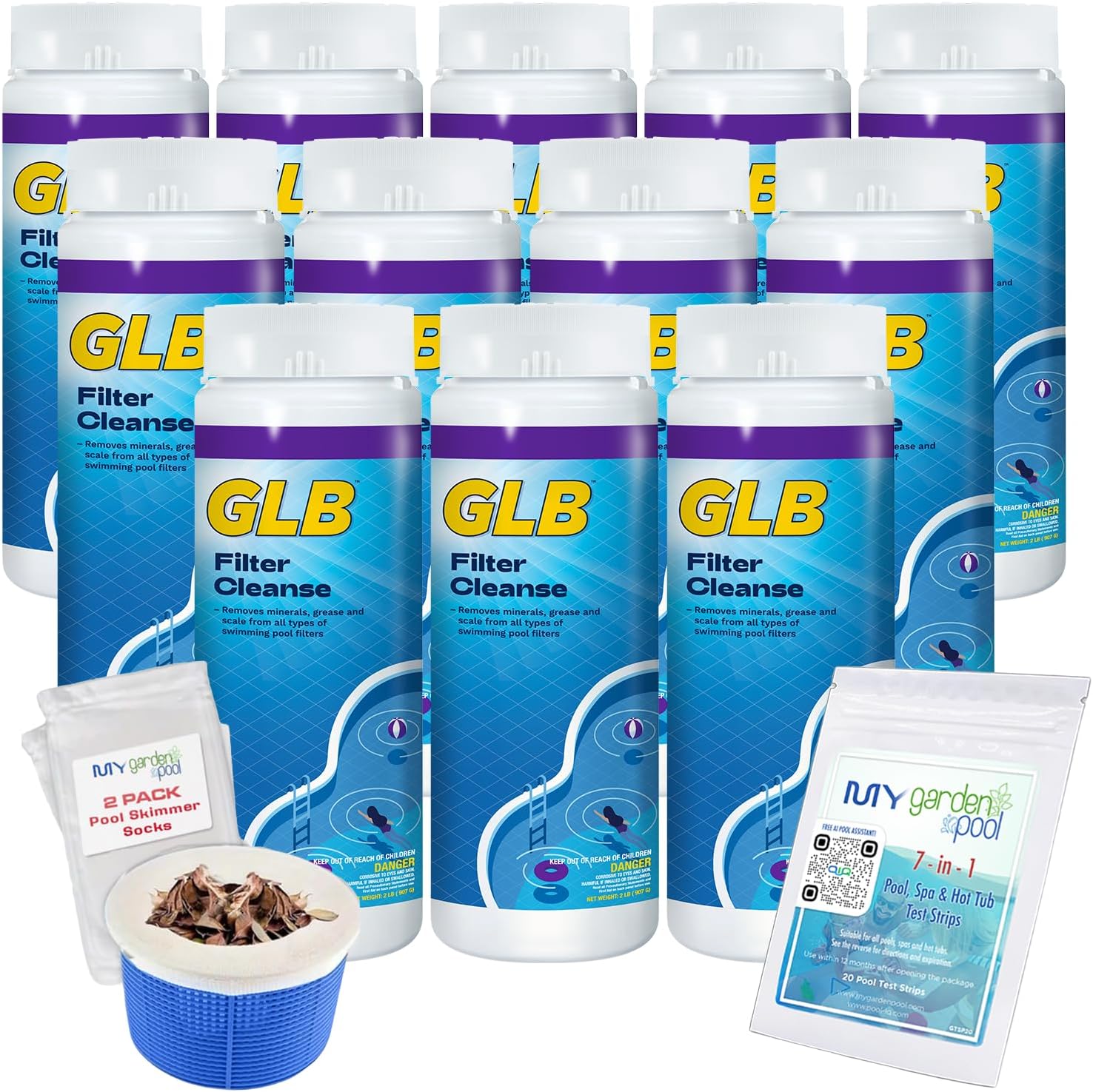 GLB Filter Cleanse 2lb (71006A) 12-Pack with My Garden Pool 7-in-1 Test Strips & 2 Skimmer Socks – Professional Powder Formula for Filter Care