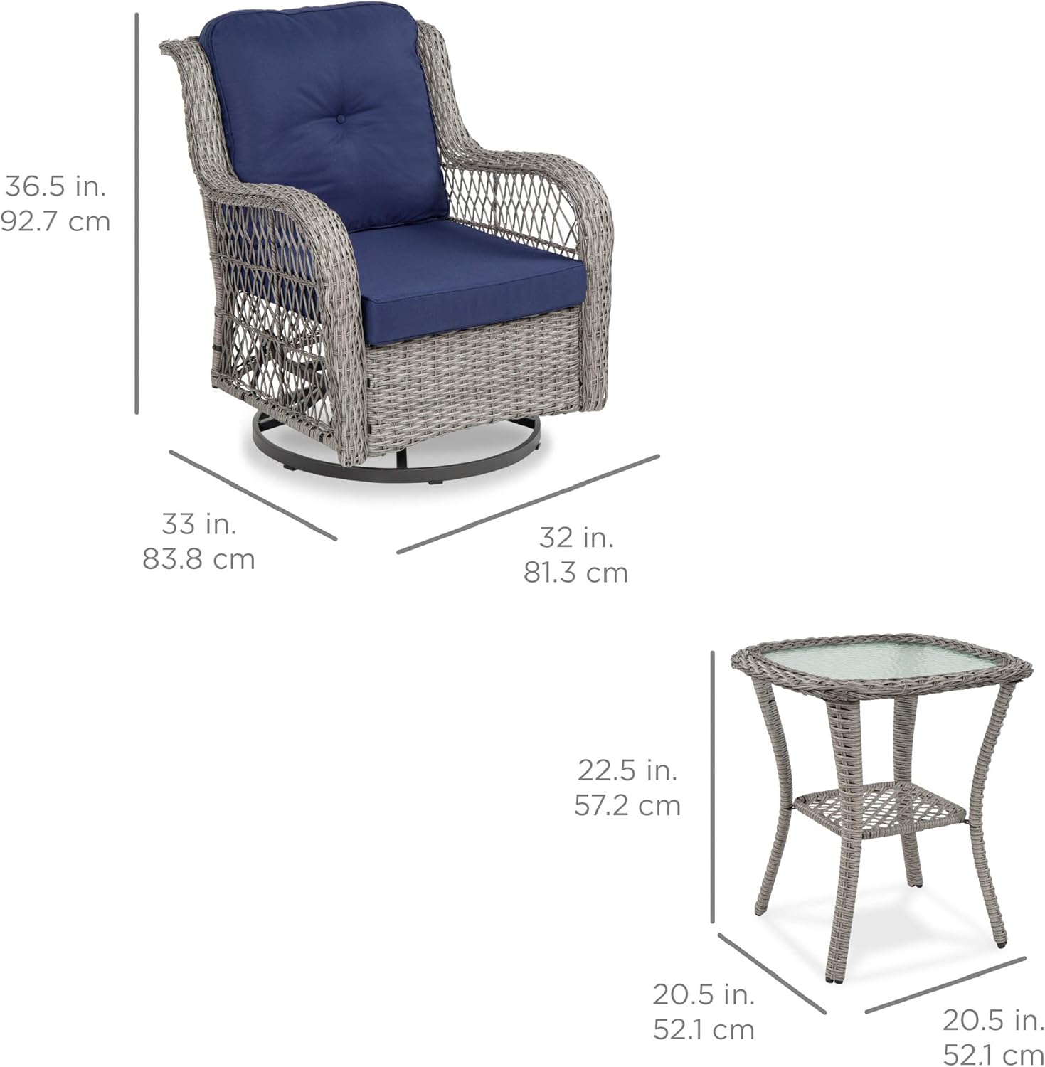 Best Choice Products 3-Piece Outdoor Wicker Patio Bistro Set w/ 2 360-Degree Swivel Rocking Chairs and Tempered Glass Top Side Table - Navy