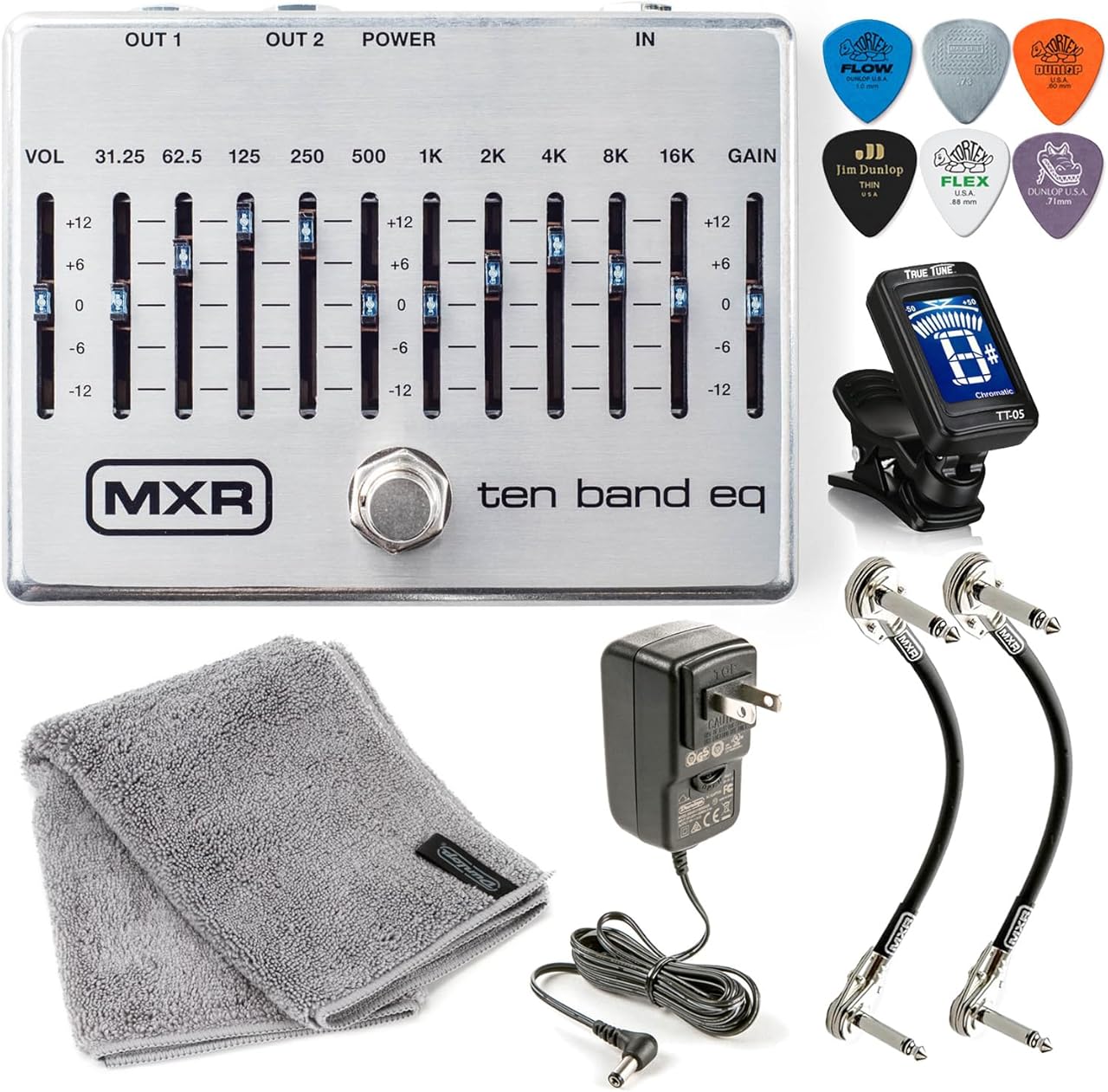 MXR M108S Ten Band EQ Dual Output True Bypass Effects Pedal 10-BAND Equalizer w/Tonebird ECB004, Patch Cable, Picks, Polishing Cloth Bundle