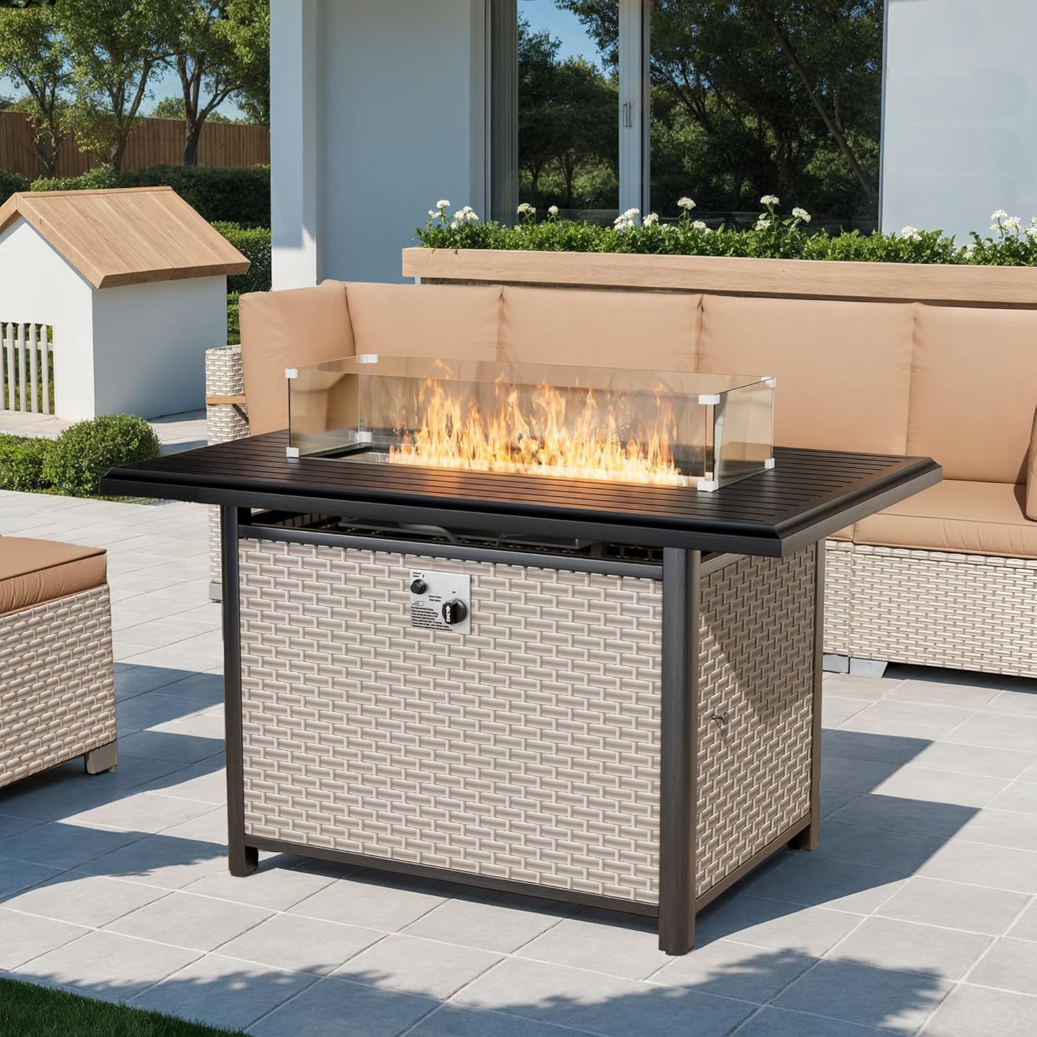 43 Inch Outdoor Propane Fire Pit 60,000 BTU Gas Fire Pits for Outside Patio with Steel Lid and Glass Wind Guard, 2-in-1 Firepit Table & CSA Certification, Grey Rattan