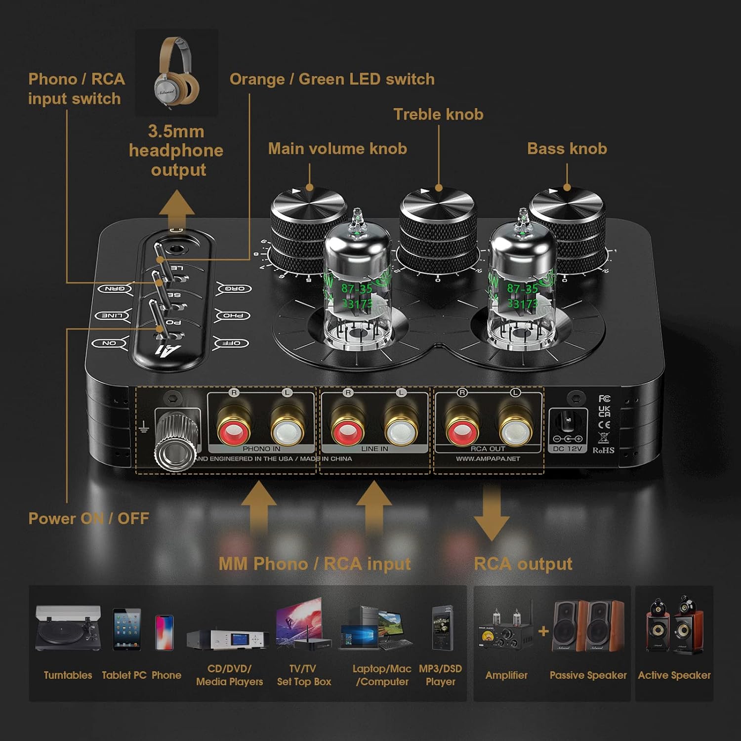 A1 Vacuum Tube Phono Preamp, Headphone Amp, Hi-Fi Audiophile Preamplifier for MM Turntable Record Player with Tone Control for Home Stereo Audio System