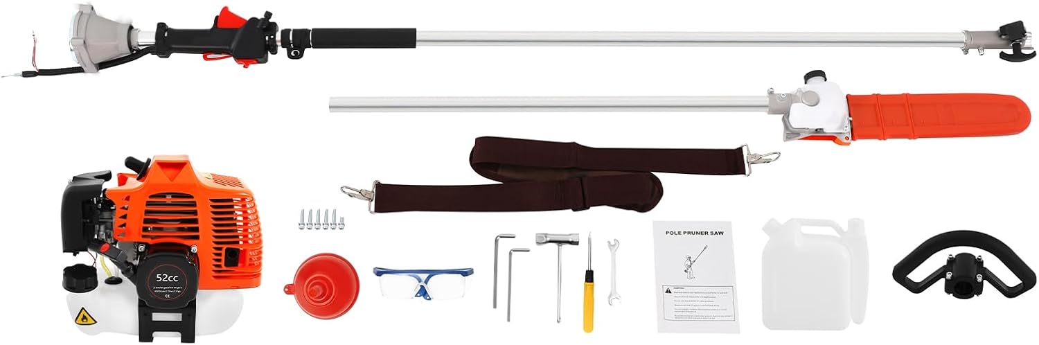 Gas Powered Pole Saw, 52CC 2-Stroke Gas Pole Chainsaw, 7.5ft Extendable Tree Trimmer, 1.25KW Cordless Extension Chainsaw for Tree Trimming