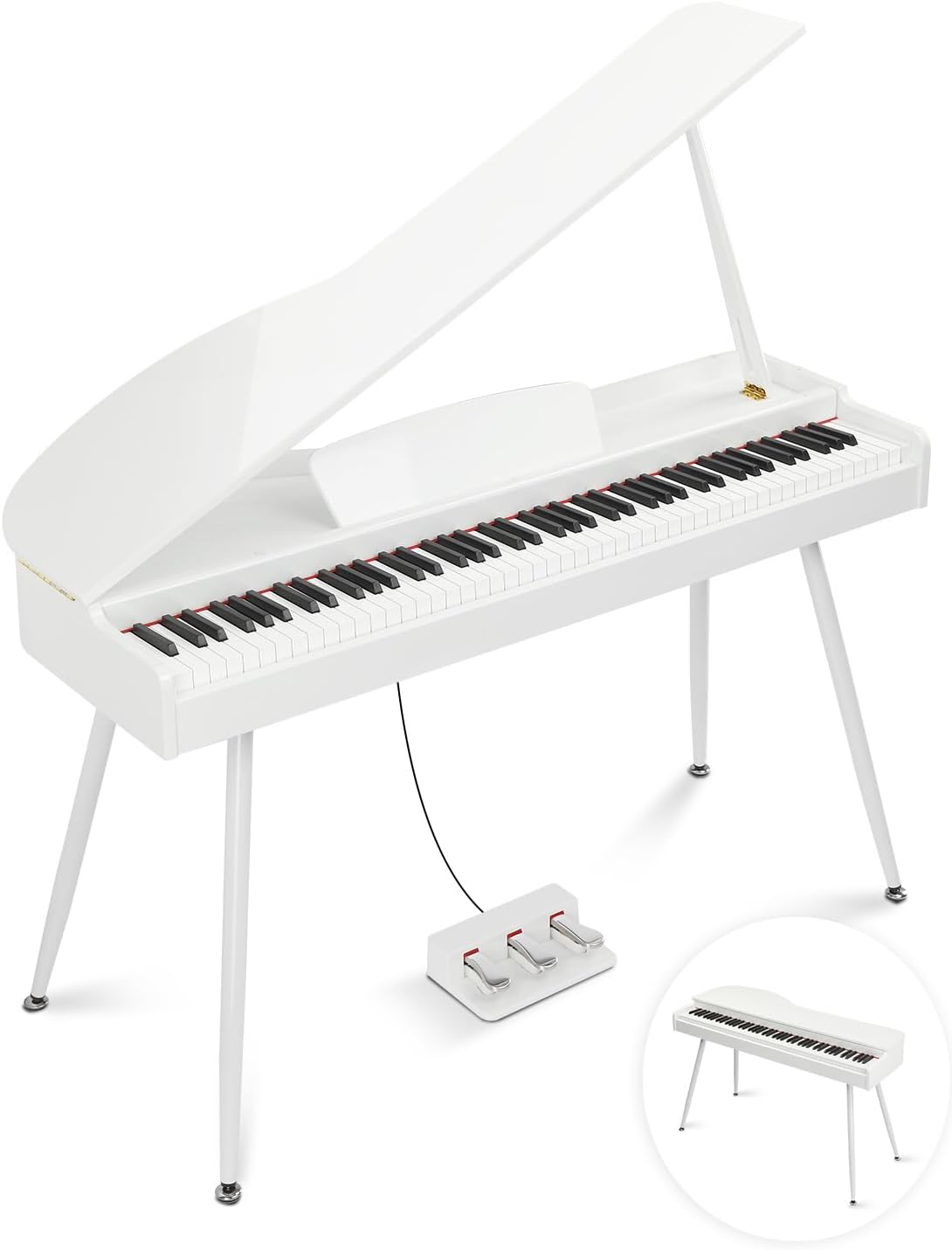 Ktaxon Grand Piano 88 Key Weighted Keyboard with High-Gloss Lacquer Finish, Streamlined Arched Body, Foldable Lid, Immersive 4-Speaker Sound, Bluetooth MIDI/Audio and Headphone jack (White)