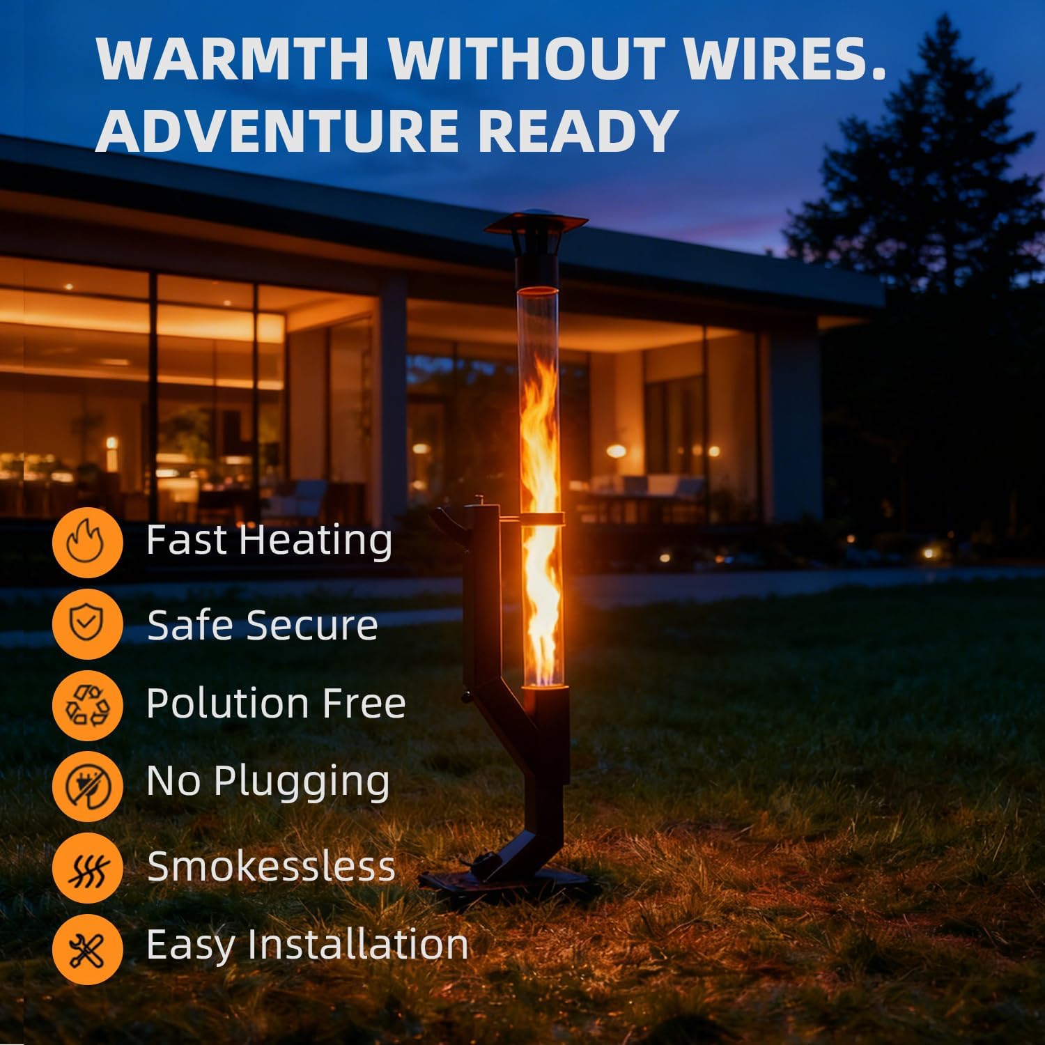 Smokeless Wood Pellet Patio Heater with Rain Cap, 64 Inch Spiral Flame Fire Pit for Outdoor/Garden/Backyard, Anti-Tip Steel Base & Adjustable Feet, 2+ Hrs Burn & Removable Ash Pan with Wheel