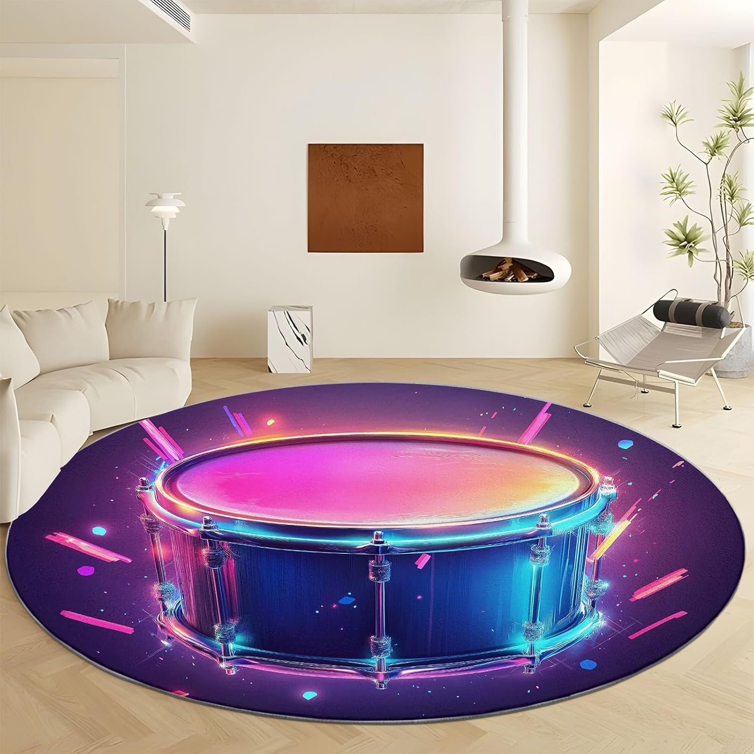 6 ft Round Area Rug for Living Room Bedroom Carpet Game Art Style Neon Drum Entryway Bedside Mat Easy Cleaning Home Decor Circle Floor Rug Music Drum Machine Washable No Slip Rugs