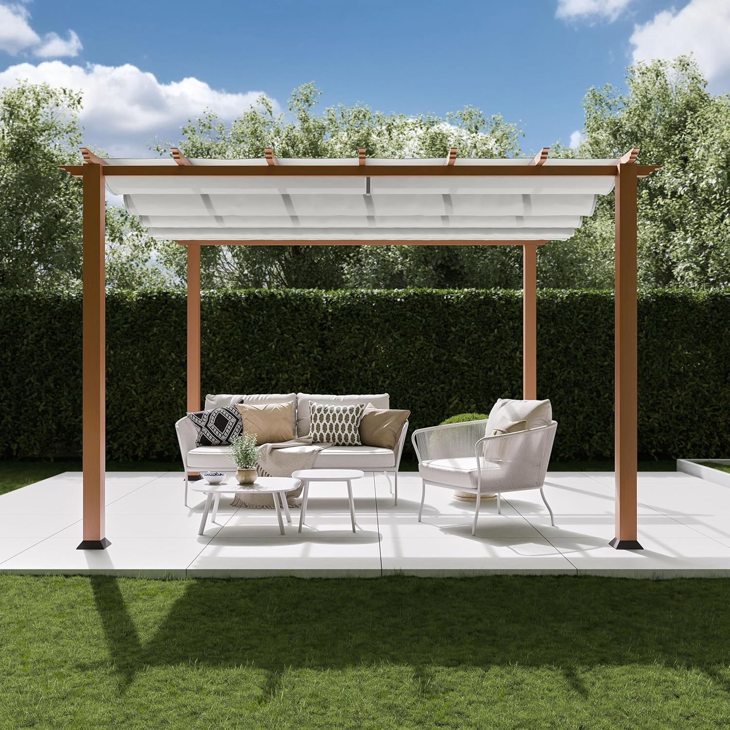 HOME & AROUND 11’x11’ Alfresco One Outdoor Aluminum Pergola with Retractable Canopy, Wood Grain Frame Finish with White Canopy, Shelter for Porch, Backyard, Patio, Garden, Lawns