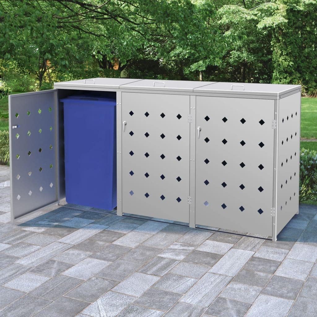 Triple Wheelie Bin Shed 63.4 gal Stainless Steel Storage for 240-Litre Garbage Bins, Weatherproof Durable Outdoor Enclosure with Ventilation Holes and Locking System