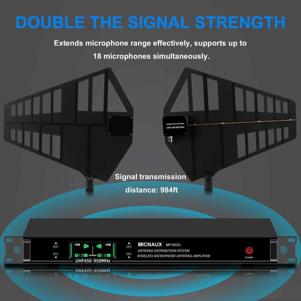 Wireless Antenna Distribution Combiner System, 18 Channels UHF Active Directional Receiver w/ 16 Outputs + 2 Cascade Ports, Microphone Signal Amplifier with Paddle for Stages, Live Shows - 984ft Range