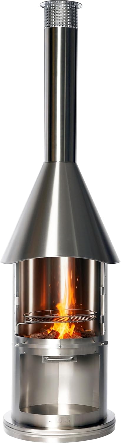 Twin-Walled Chimenea, Modern Stainless Steel Chimenea Fireplace with Wood Storage and Chimney, Outdoor Wood Burning Chiminea with Grill and Spark Screen for Patio and Backyard, 90.6” H