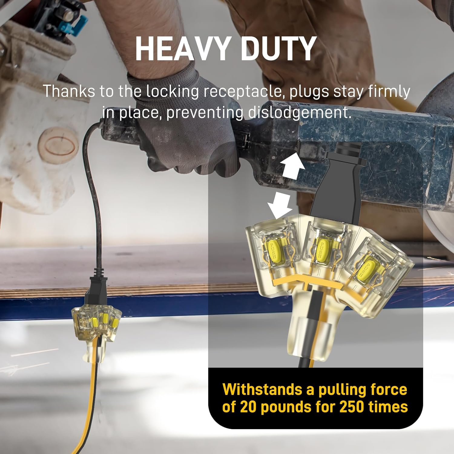 50FT Outdoor Extension Cord with Multiple Outlets, 12/3 Gauge Heavy Duty, 15A 1875W, 3 Prong with LED Light & Locking Plug, Weather Resistant, ETL Certified for Lawn Mower, Tools, Christmas Lights