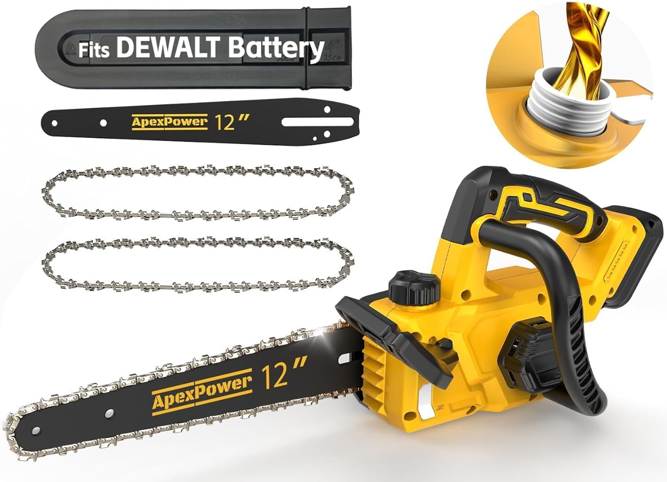 12 Inch Brushless Electric Chainsaw Cordless, for Dewalt Battery 20V, Compact Chain Saw with 44.3 FT/S Powerful Cutting, Auto Oiler Low Kickback Battery Powered Chainsaw for Tree Trimming Wood Cutting