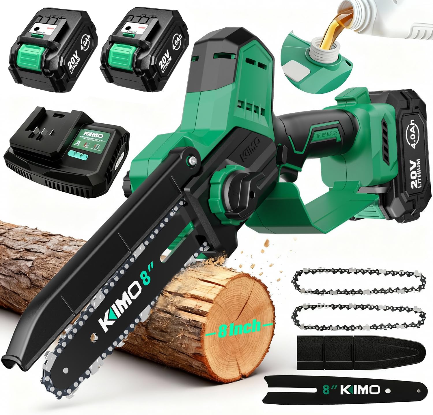 KIMO 8-INCH Mini Chainsaw Cordless, 2 x 4.0Ah Batteries & Fast Charger, 34 FT/S Powerful Cutting Handheld Chain Saw w/Auto Oiler, Brushless Battery Powered Chainsaw Electric for Dad Tree Trimming