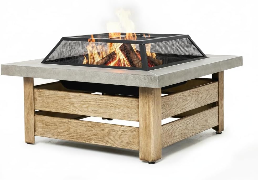 Firepits for Outside，Wood Burning Fire Pit with Wood-Grain Side Panels,Firepit for Outside with Mesh Cover & Fire Poker,Square Modern Outdoor Fireplace Fire Table. (Countryside)