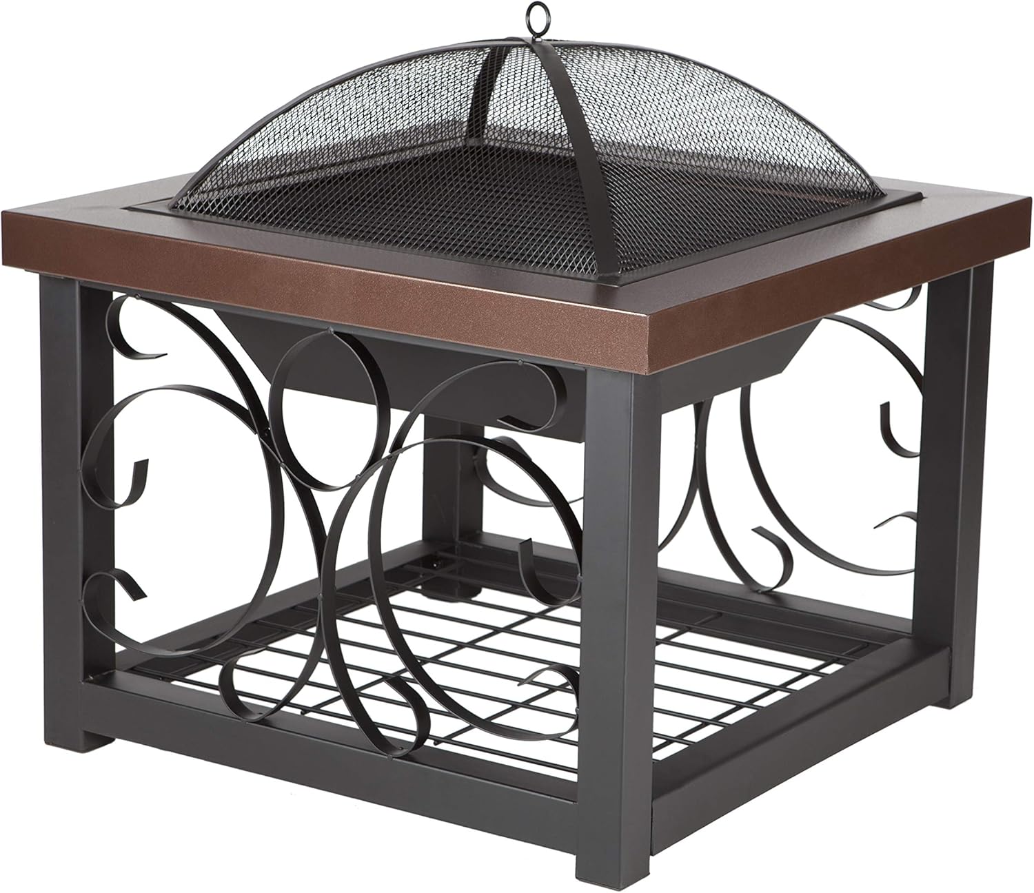 Fire Sense 61331 Fire Pit Cocktail Square Table Wood Burning Steel Mesh Spark Screen Wood Grate Screen Lift Steel Firepit with Log Storage Rack - Hammer Tone Bronze Finish