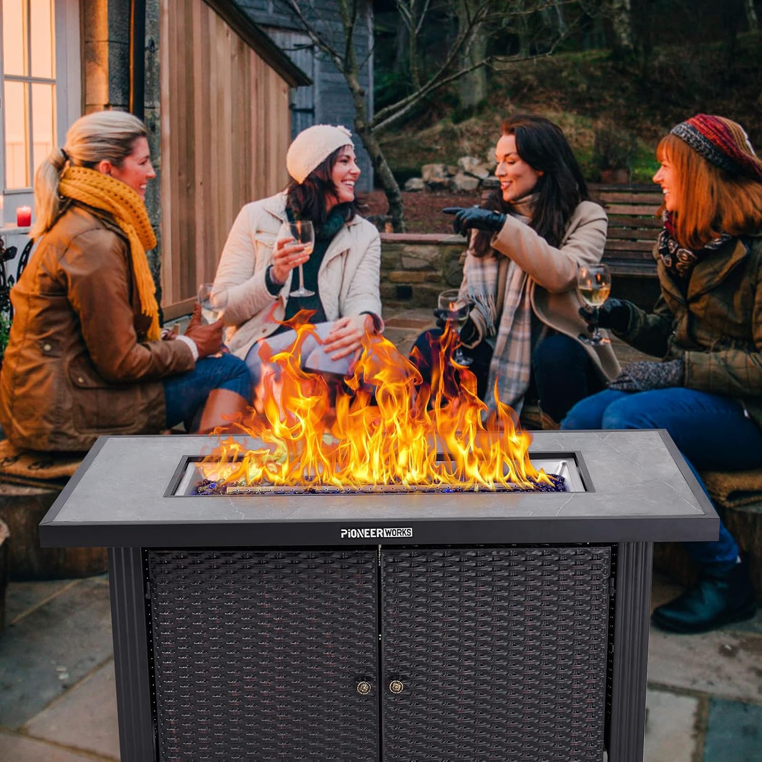 44 Inch Propane Fire Pit Table, PioneerWorks 50000BTU Rectangle Fire Table with Cover & Rain Cover, Sturdy Steel and Iron Fence Surface, CSA Safety Certified, Companion for Your Garden (Double Door)