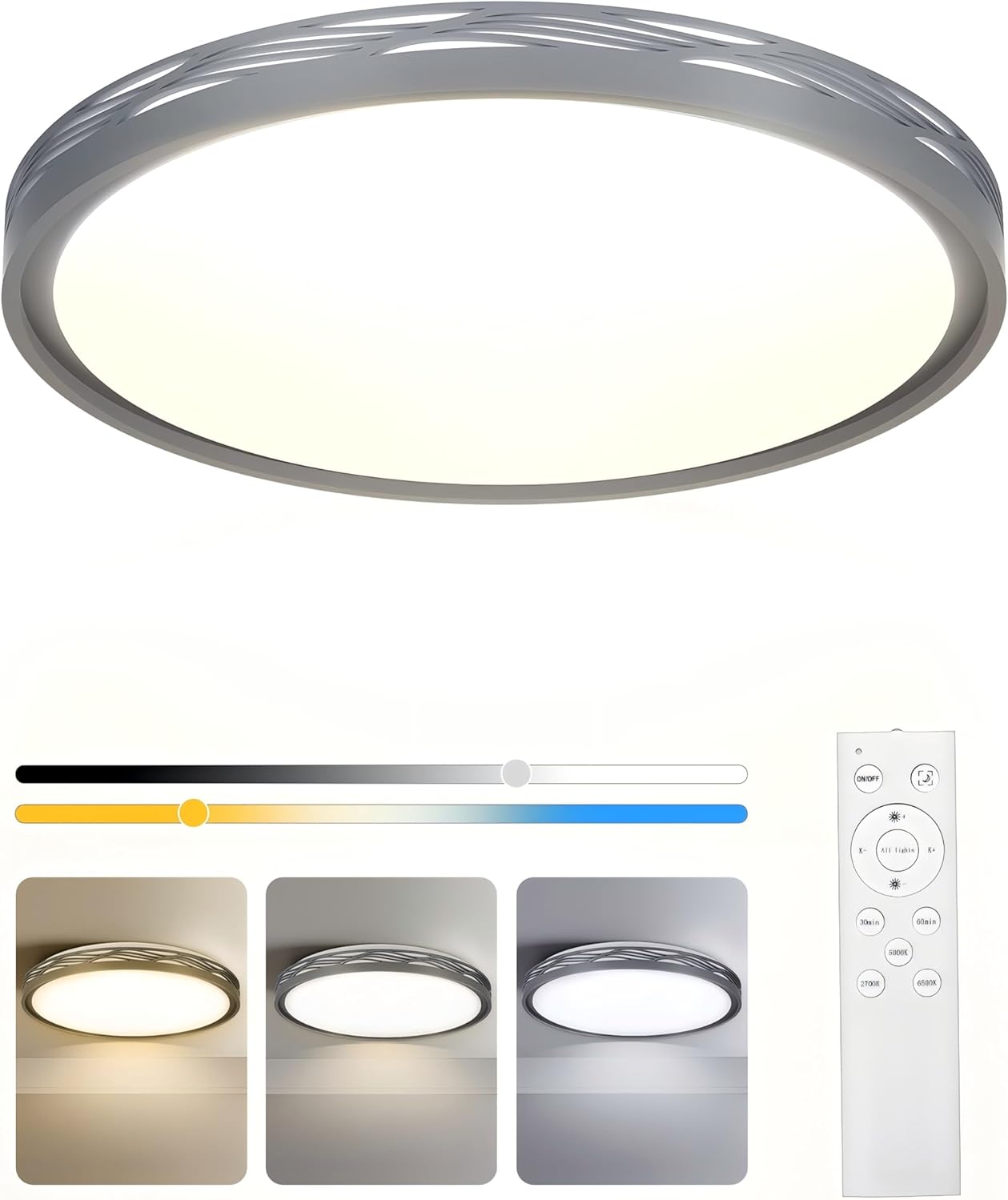 20 Inch Large LED Flush Mount Ceiling Light, 2700K-6500K Dimmable LED Ceiling Light Fixture with Remote, 70W 8900lm Round Modern Ceiling Lamp for Bedroom, Living Room, Hallway (Grey)