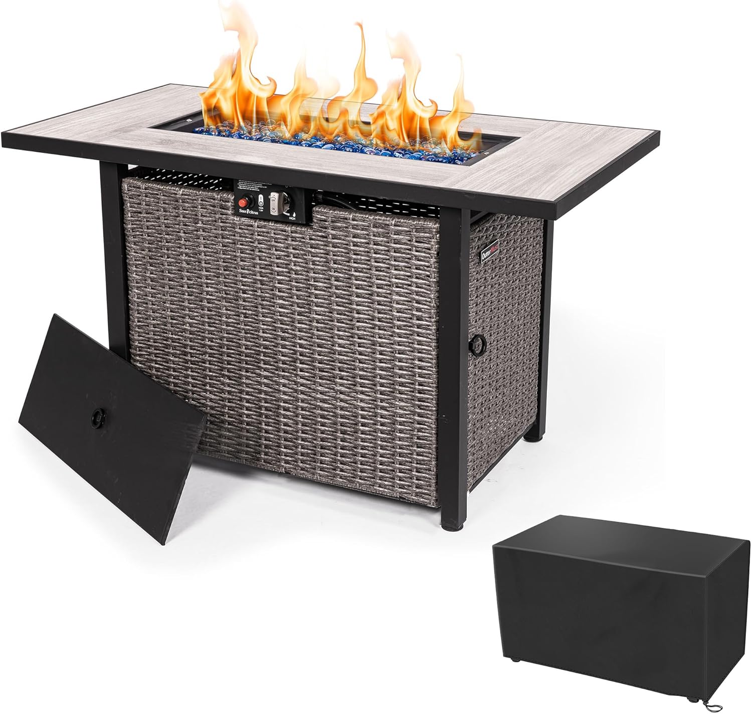 42 Inch Propane Fire Pit Table with Cover, 50,000 BTU Hand-Woven Rattan Outdoor Fire Pit with Lid & Blue Glass Bead, Outdoor Fireplace for Patio Deck Garden, Gray