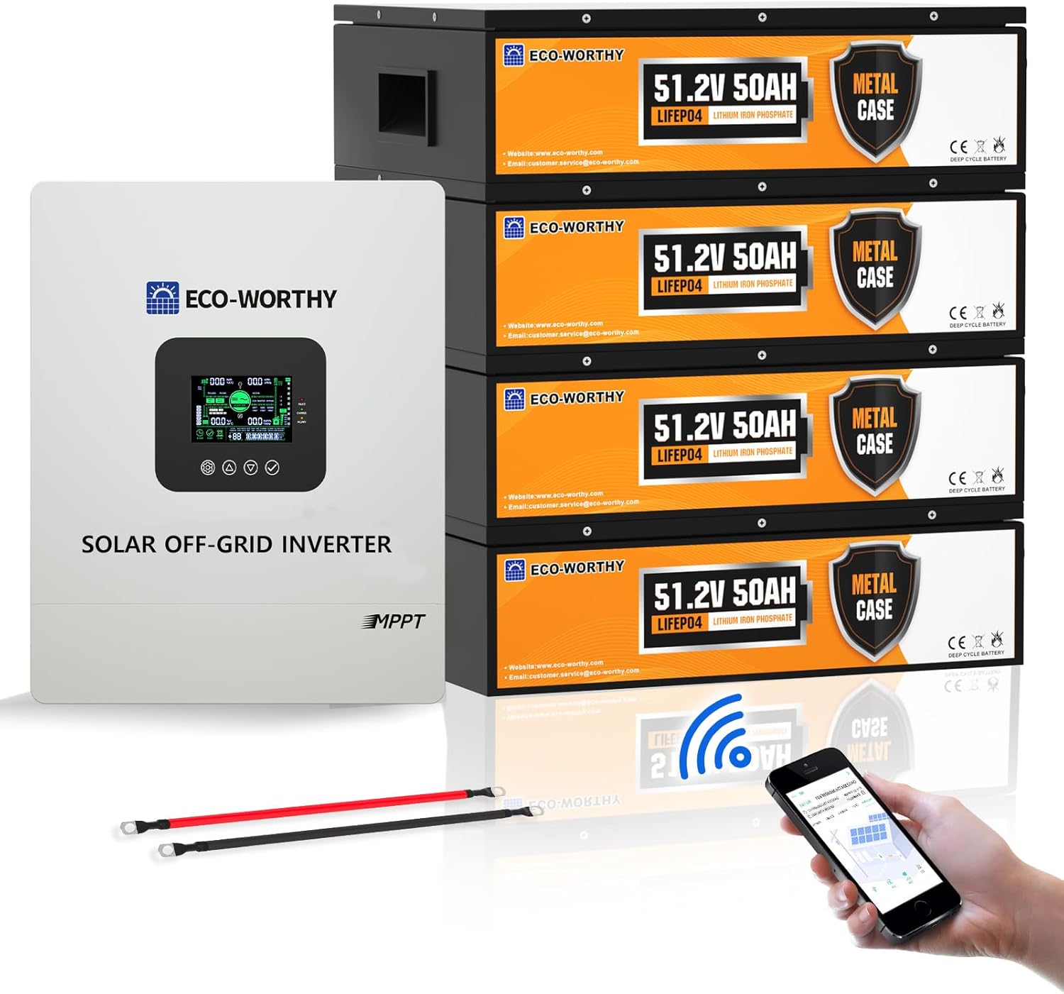 ECO-WORTHY 10240Wh Home Backup Power,48V 200Ah (4Pack 48V 50AH) LiFePO4 Solar Batteries+5000W Off-Grid Inverter Charger,AC/Photovoltaic Charging,Home Backup Battery,for off-Grid,Power Outage,Emergency