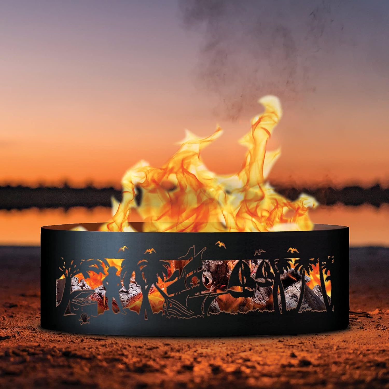 PD Metals PL01430-FP Pirates Life Unpainted 12 in. Tall 30 in. Diameter Outdoor Fire Ring with Fire Poker - 30 x 30 x 12 in. - Rustic Black Color