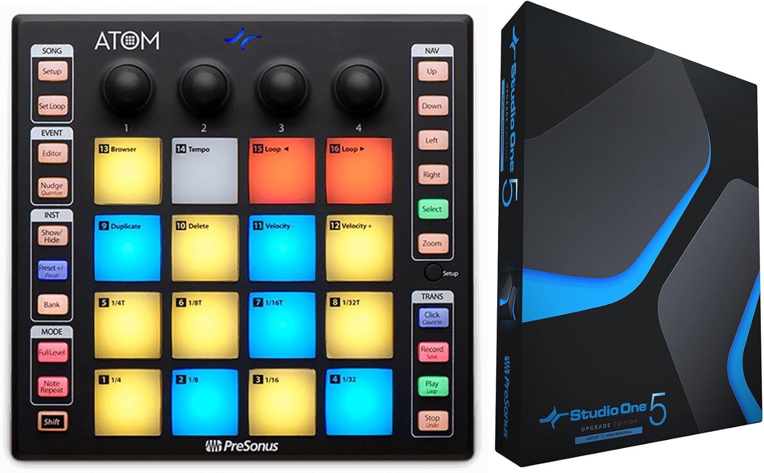 Audiosavings Bundle: PRESONUS ATOM 16 Pad USB MIDI RGB DJ Controller+Studio One Recording Software Bundle with PRESONUS S15 ART UPG Studio One 5 Professional Upgrade from Artist All Versions (2 Items)
