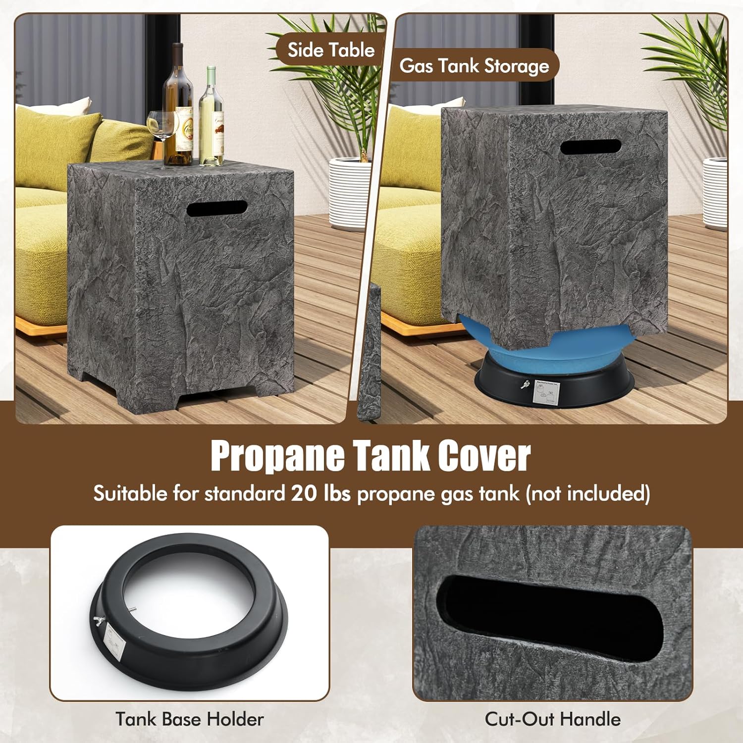 Tangkula 2 Piece Propane Fire Pit Table Set with Tank Holder, 50,000 BTU 42.5 Inch Outdoor Rectangular Gas Fire Table with Lava Rocks, Stainless Steel Burner and Protective Cover for Outside Patio