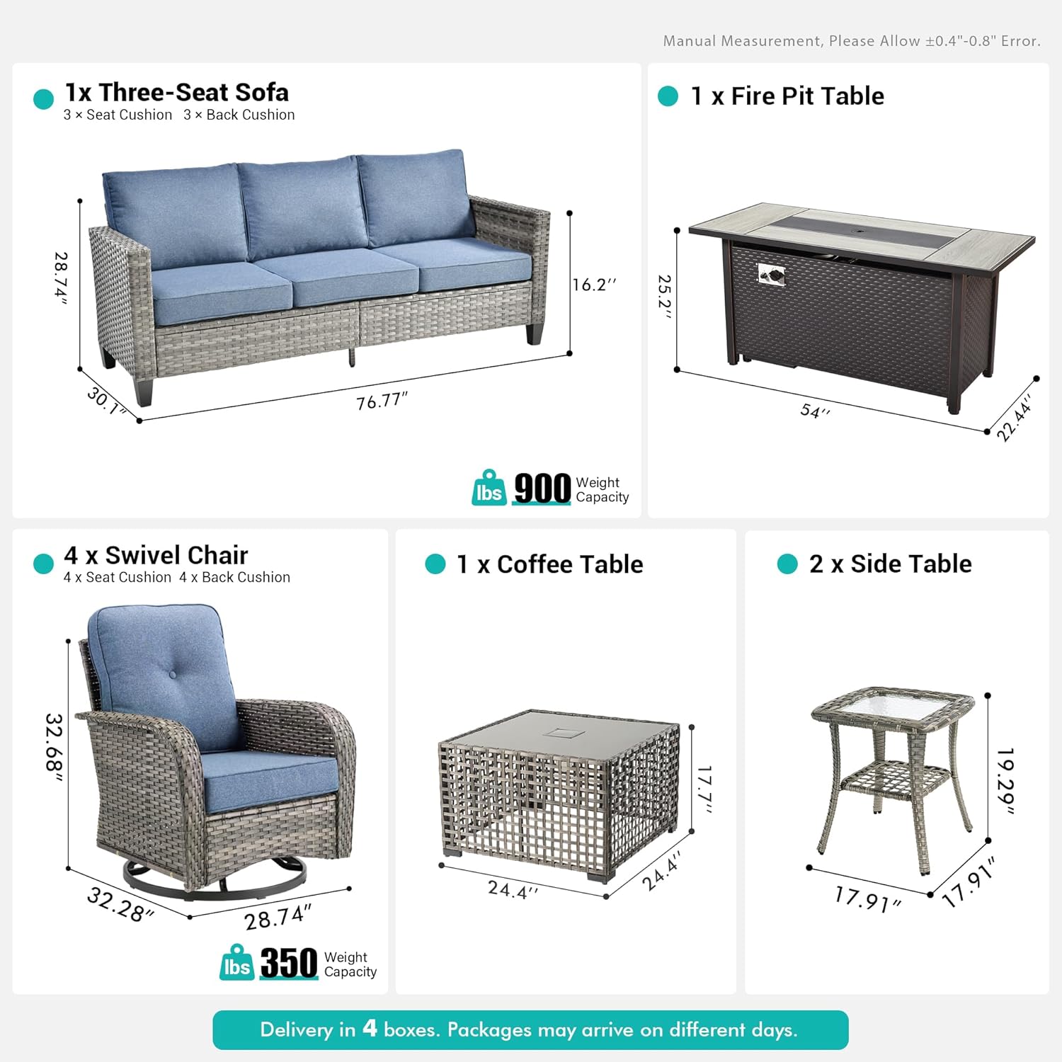 9 Pieces Patio Outdoor Furniture Set with Swivel Rocking Chairs & Fire Pit Table,Patio Seating Outside Sofa and Chairs Set Patio Conversation Set for Balcony Porch Deck Poolside Yard,Blue