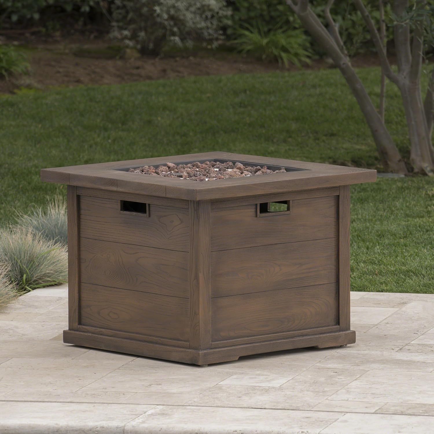 Patio Square Gas Fire Pit 24 Inches H 32 Inches W, Concrete Wood Pattern-Brown, 40,000 Btu with 1 Door – Outdoor Heating Solution (1 Doors)