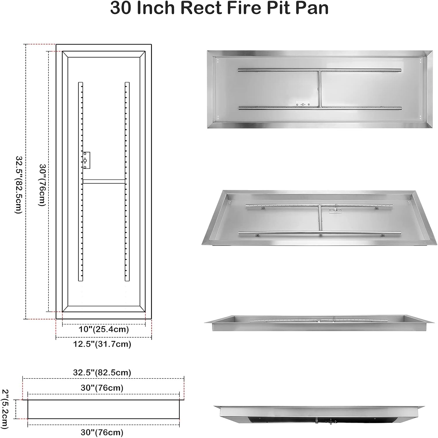 Stanbroil 30 x 10 Inch Rectangular Drop-in Fire Pit Pan with H-Burner, Gas Firepit for Outside, 304 Stainless Steel, 125,000 BTU Max