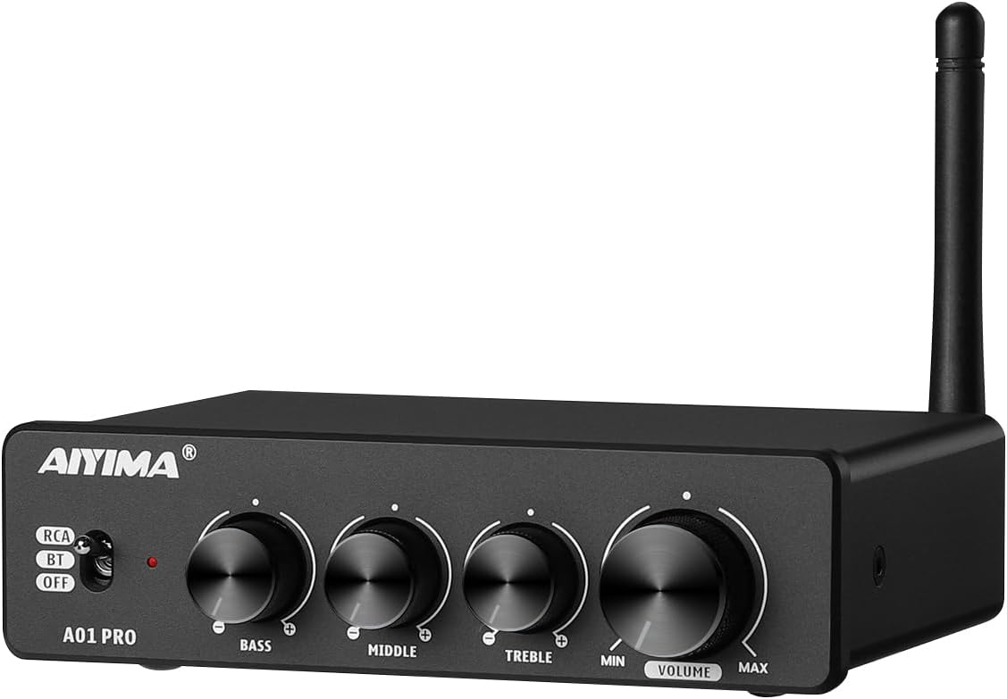 AIYIMA A01 Pro 100W x 2 Power Amplifier Bluetooth 5.1 Class D Amp TPA3116 2.0/2.1 Channel Stereo Amplifier Receiver Mini Speaker Amp with 3.5mm AUX Output + DC24V Power Adapter Black