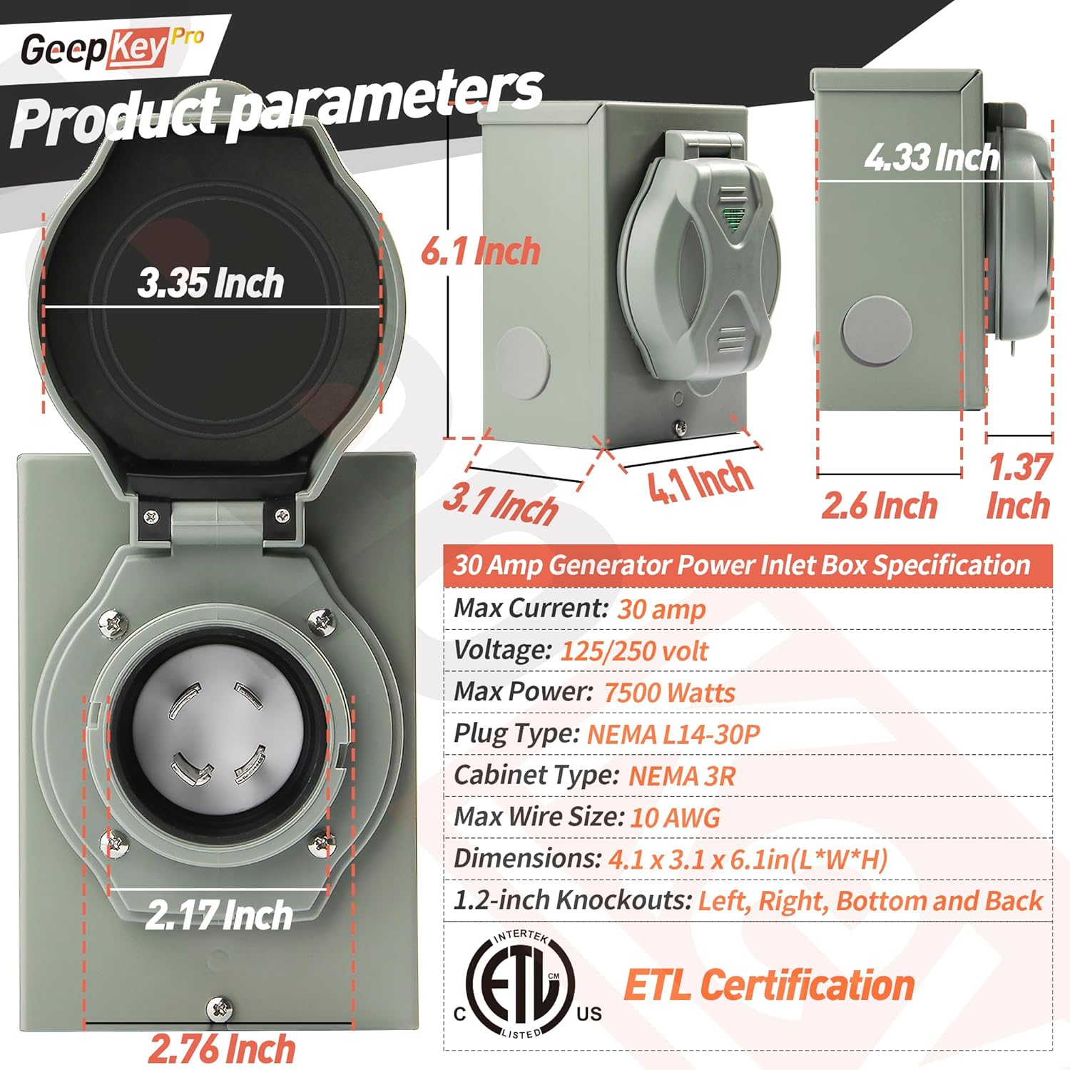 30 Amp Generator Cord and Power Inlet Box [Pre-Drilled], 25FT Generator Cords 30 Amp,125/250 Volt 7500 Watts Generator Power Cord NEMA L14-30P PB30 Twist Lock Connector