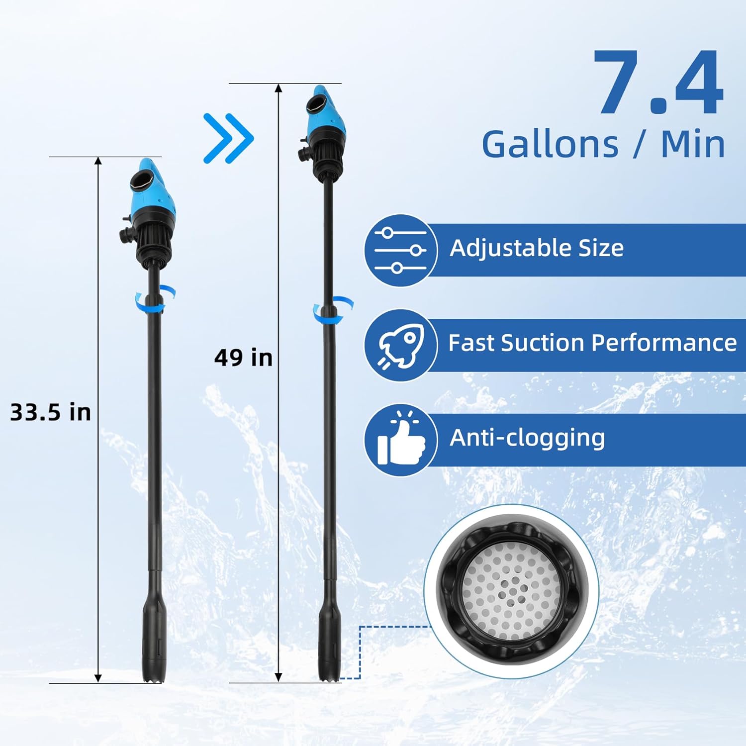 Electric Drum Barrel Pump, 12V DC/100-240V AC Power, 55 Gallon Drum Pump with 2-Inch Bung Adapter, 7.4 GPM Flow Rate, Suitable for DEF/AdBlue, Diesel, Antifreeze, Water-Based Fluids