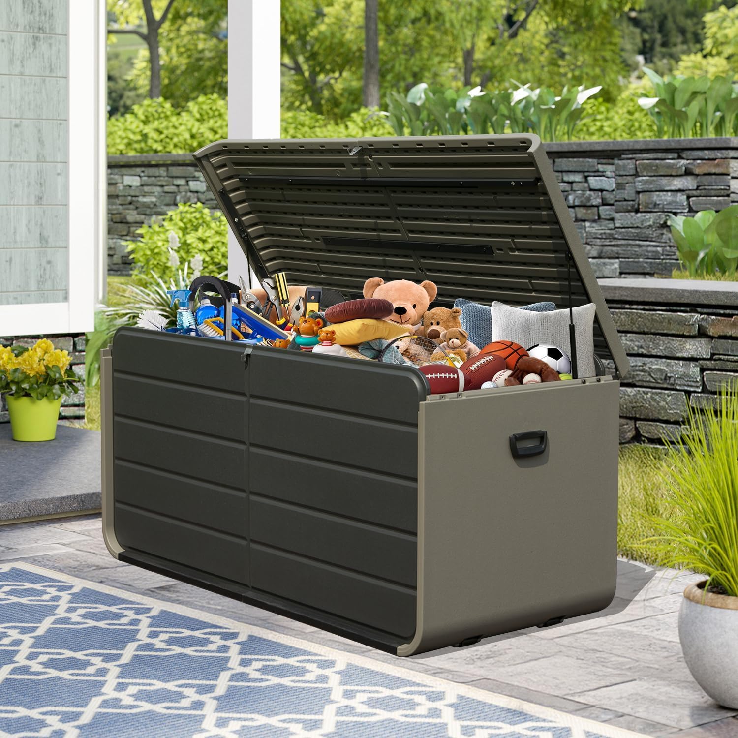 200-Gallon Outdoor Storage Box with Lock & Wheels – Large Deck Boxes Outside Waterproof,Outdoor Storage Cabinet for Patio Cushions,Garden Tools & Pool Supplies,Hydraulic Lid, Multi-Purpose Bench/Table