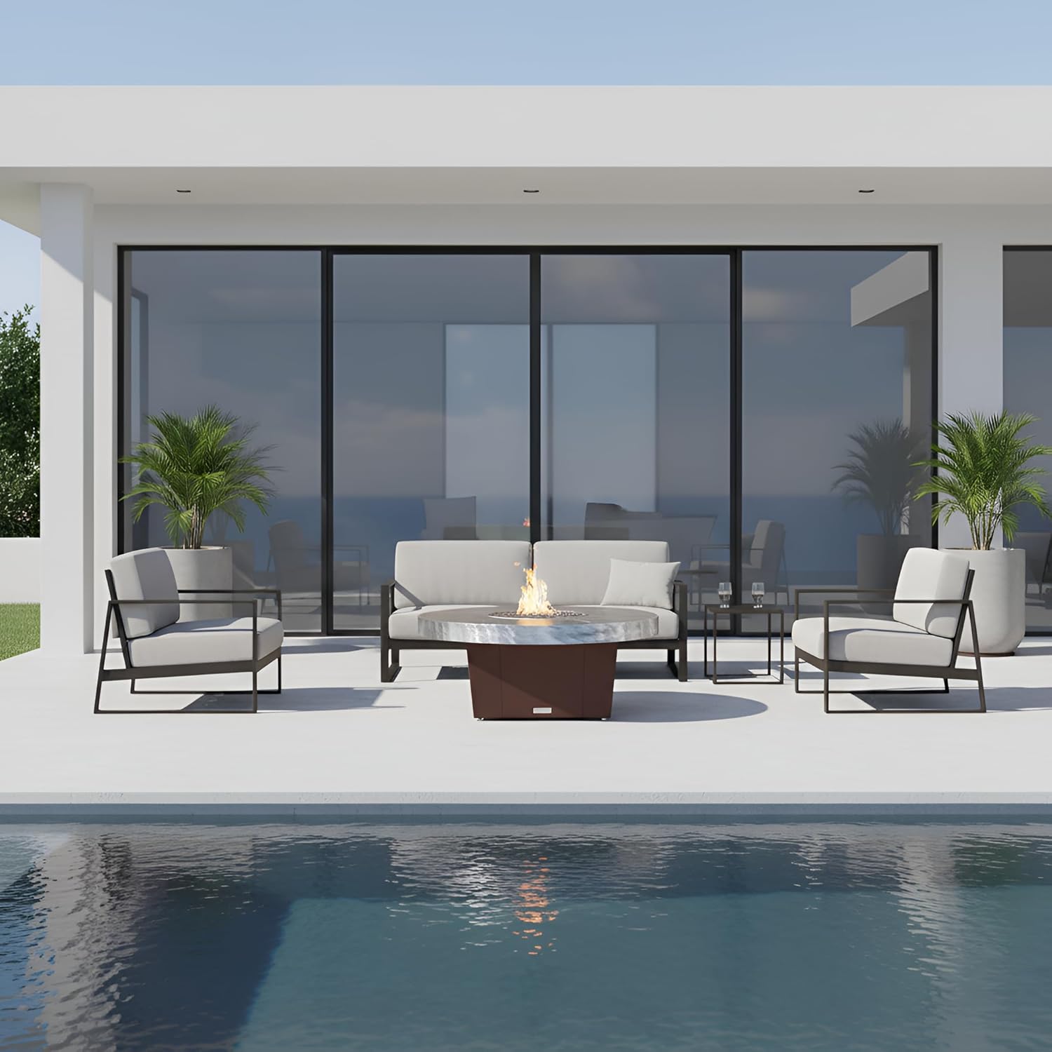 COOKE Parkway Circular Fire Pit Table - 48 Diam - Natural Gas - Brushed Aluminum Top - Dark Cherry Powdercoat Base