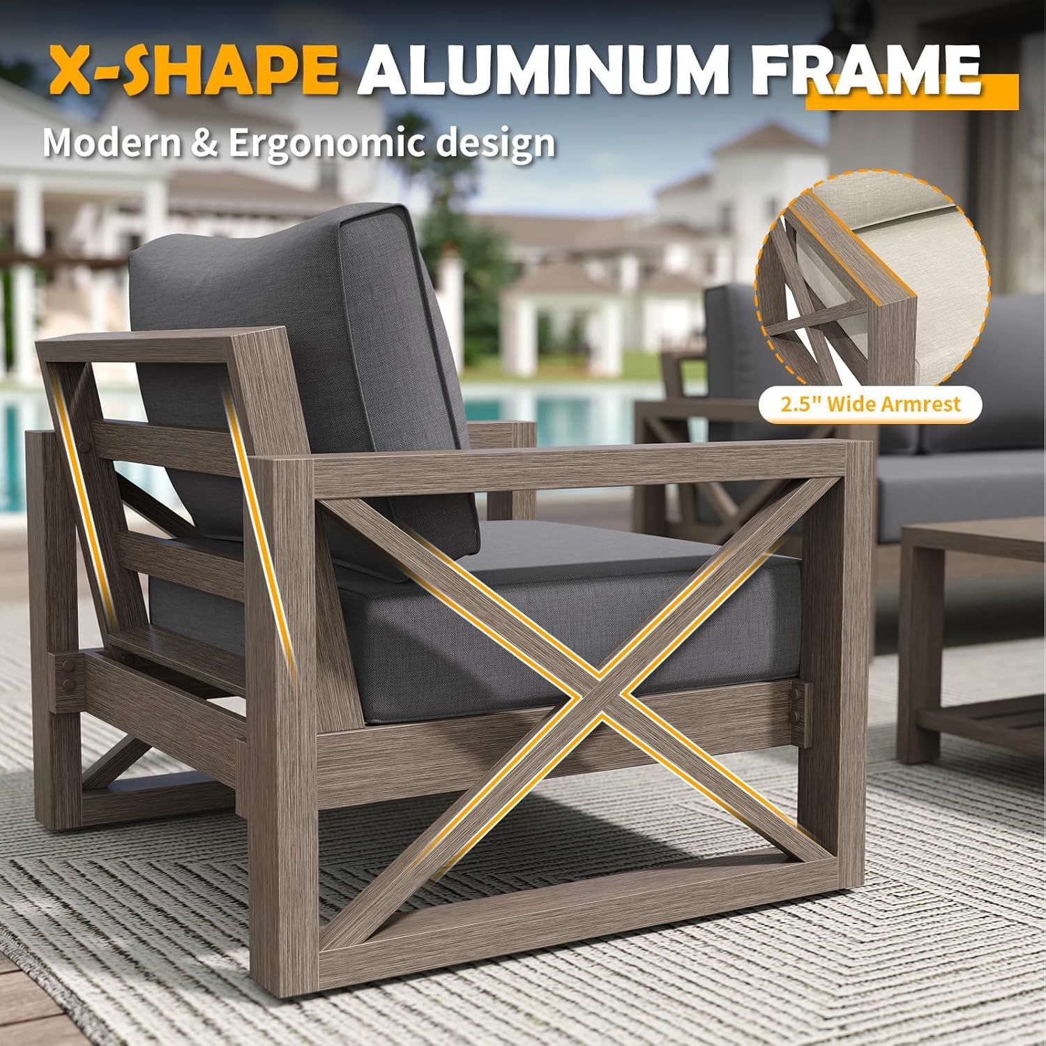 Amopatio Aluminum Patio Furniture Set with Fire Pit, 8 Pcs Metal Patio Sofa Couch Sets with Aluminum Fire Pit Table, Modern Outdoor Furniture with 6