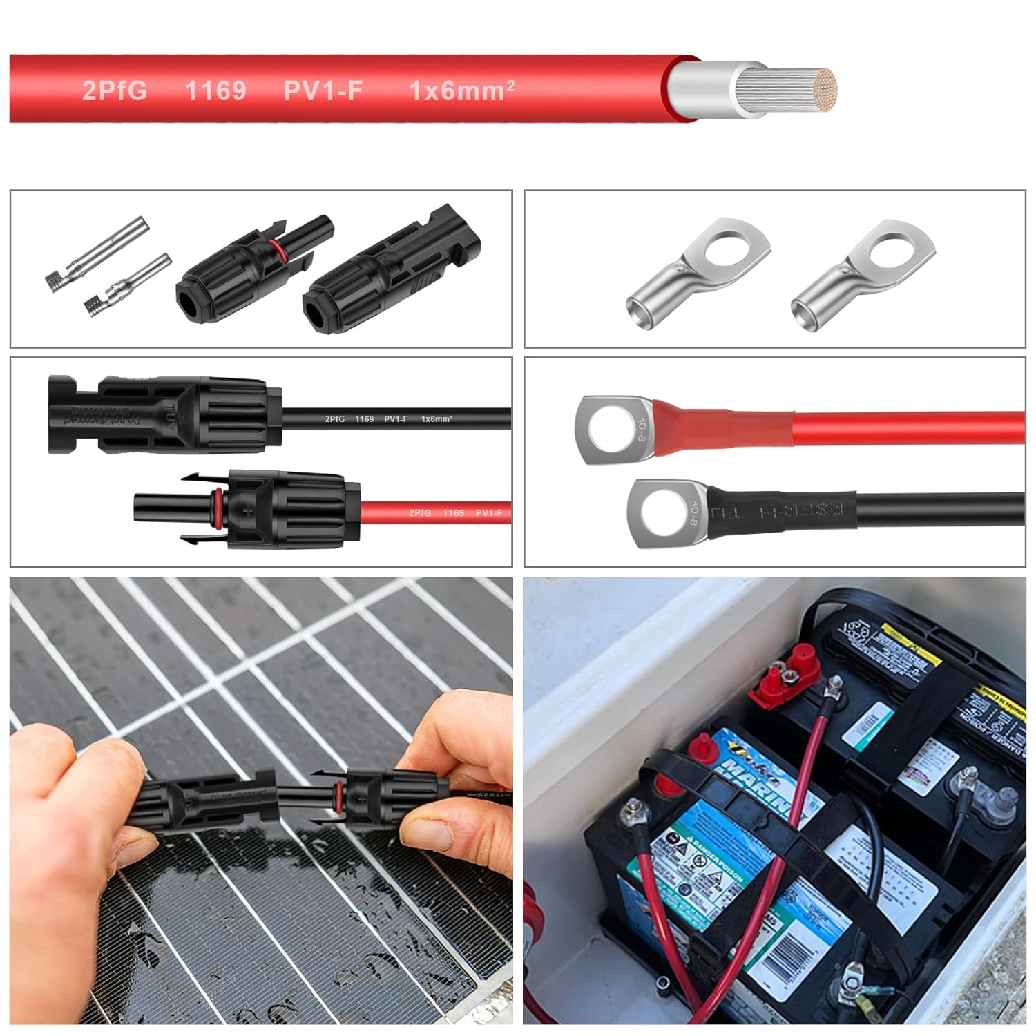 10AWG (6mm²) Tinned Copper PV Extension Cable - Solar Panel Connection Wire for Outdoor RV Marine Automotive Boat (50FT Black + Red Pair)