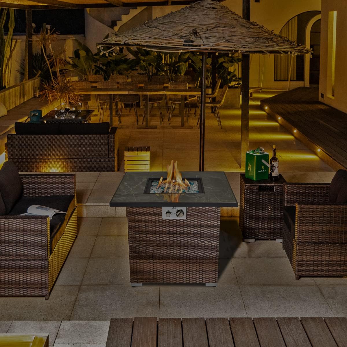 30'' Propane Fire Pit Table, Marble Textured Ceramic Tabletop, 50,000 BTU Fire Table with Brown Wicker, Mix Color Glass Rocks, Including Lid&Cover, Square