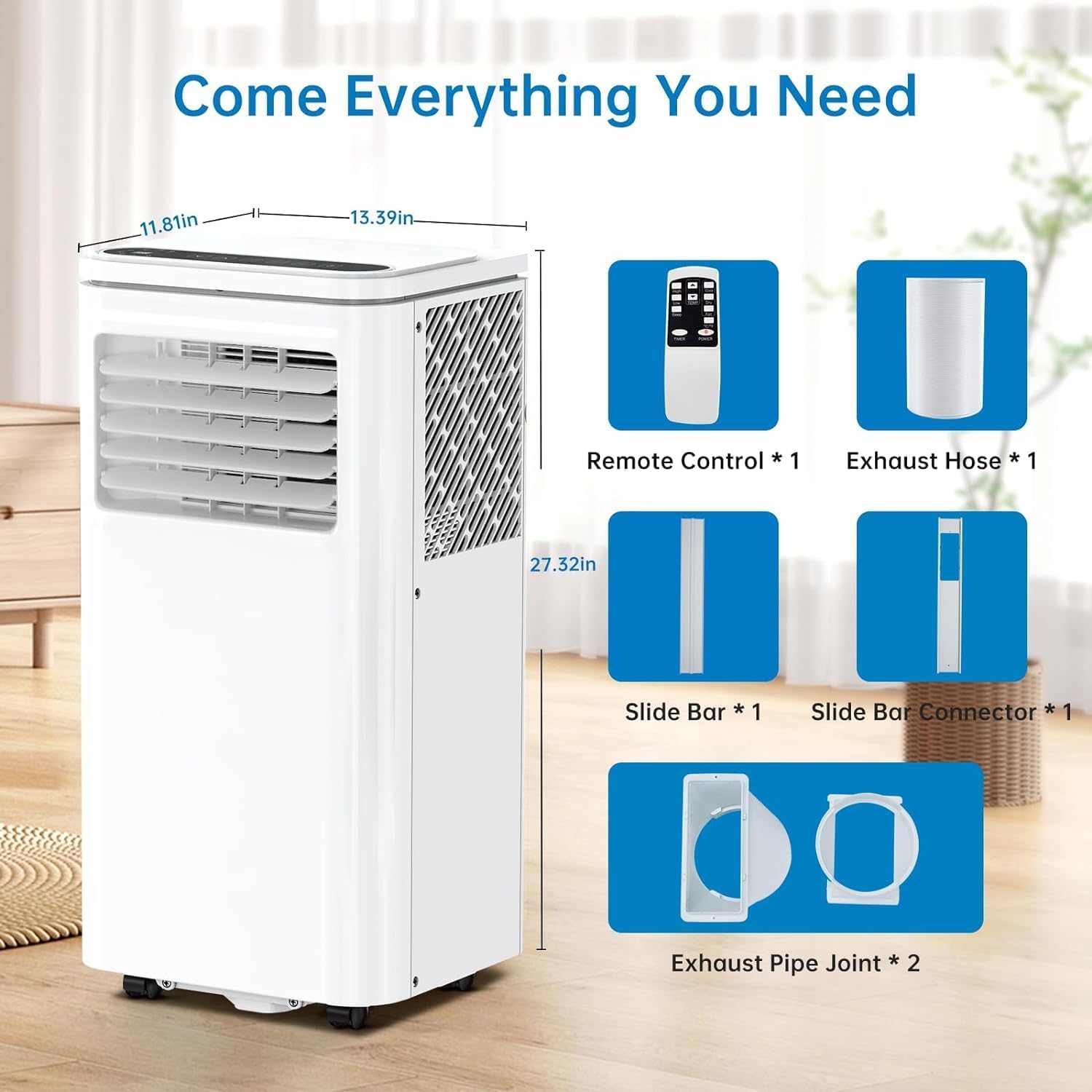 Versatile 8000 BTU Portable Air Conditioner, 3-in-1 Cooling, Dehumidifier & Fan with Sleep Mode, Ultra-Quiet Operation for Spaces up to 350 Sq. Ft, Remote Control, Easy-Portability, White
