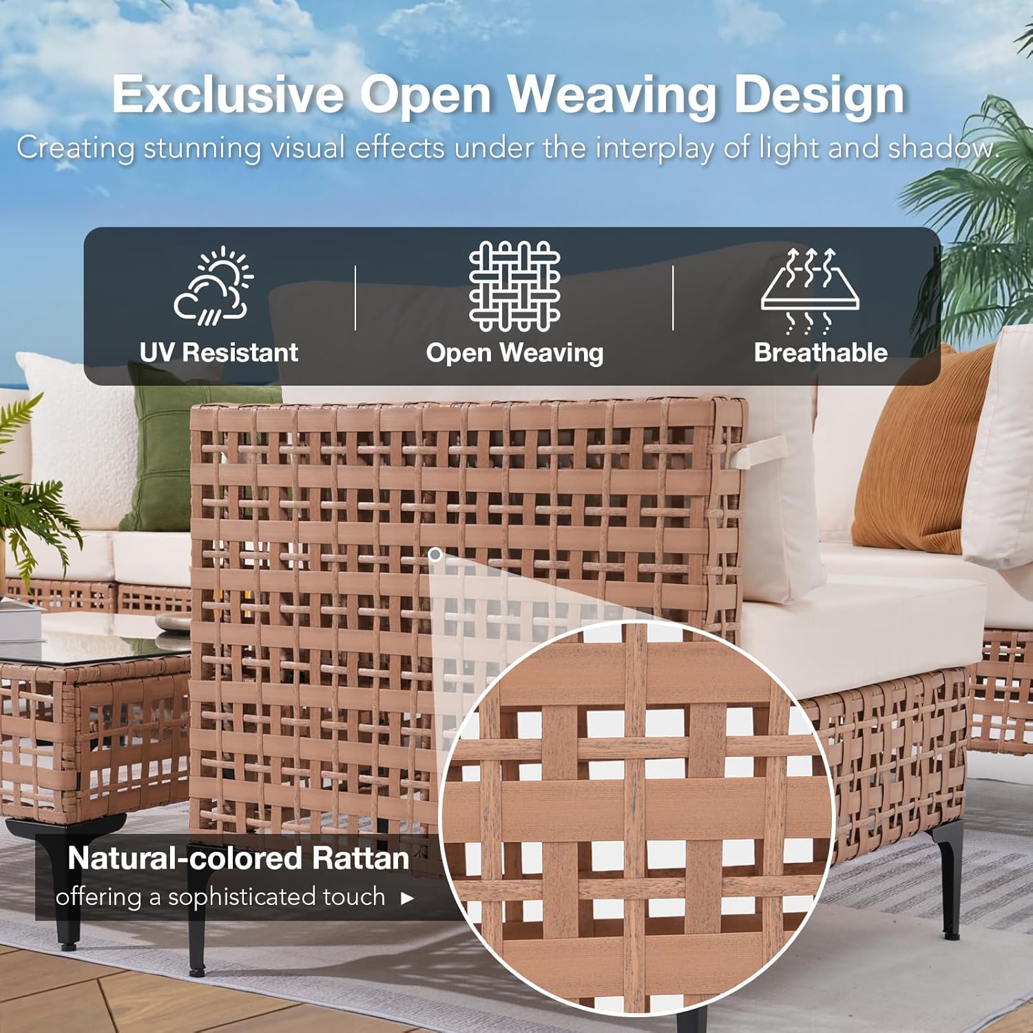 Patiorama 8 Piece Wicker Patio Furniture Set with 45” Fire Pit Table,Natural-Colored PE Rattan Outdoor Sectional Sofa, 50000 BTU Propane Fire Pit w/Wind Guard,Cover,Water Resistant Cushion-White