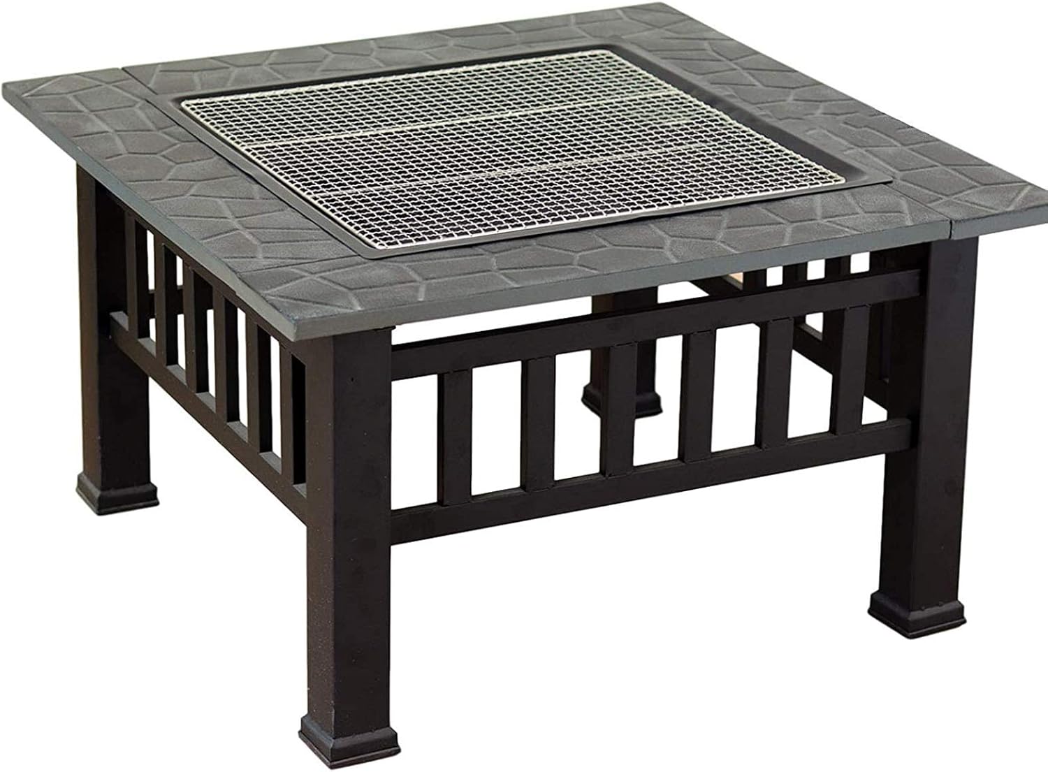 Outdoor Fire Pits,Metal Square Firepit Patio Stove BBQ Grill Fire Pit Bowl with Spark Screen Cover,Log Grate,Poker for Garden Camping Picnic Bonfire