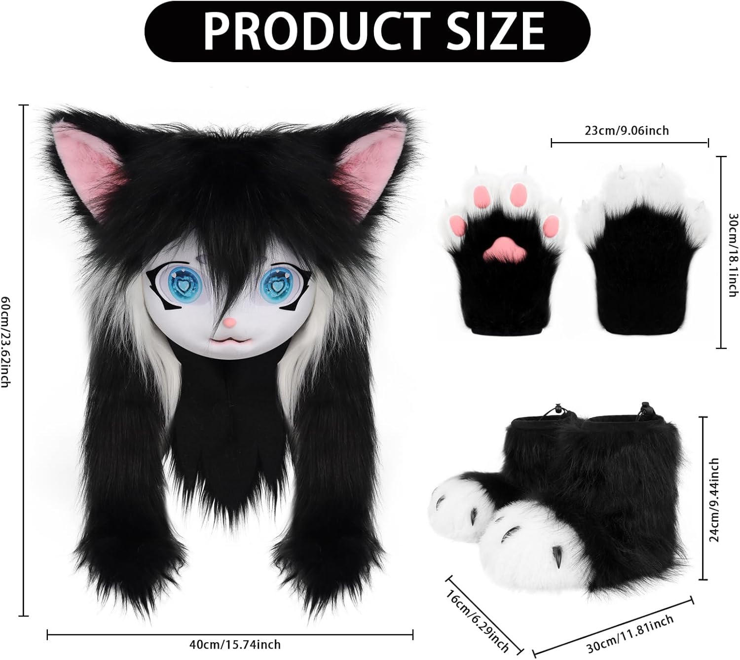 Cat Paw Mittens Gloves Furry Shoes Fursuit Animal Head Mask Halloween Masquerade Costume Accessories Set