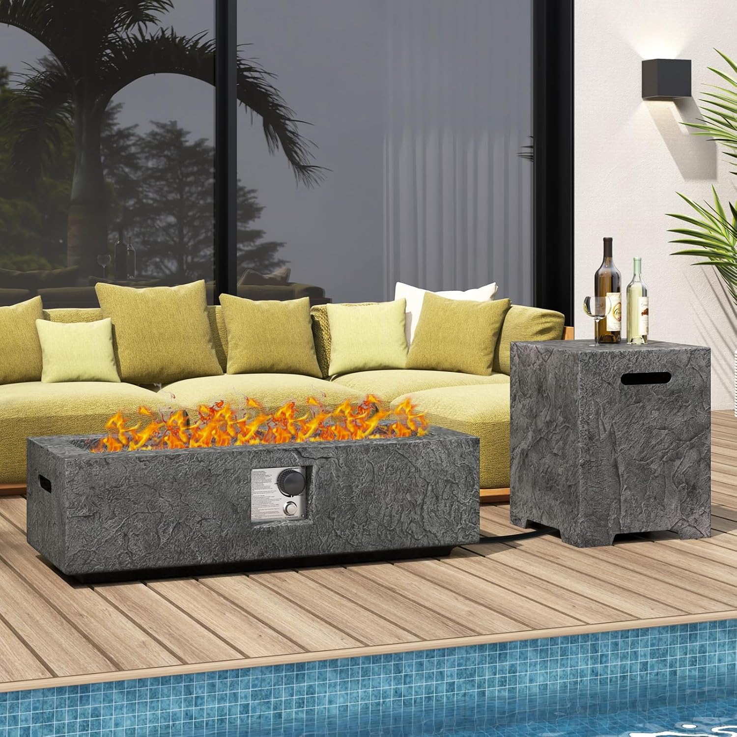 Tangkula 2 Piece Propane Fire Pit Table Set with Tank Holder, 50,000 BTU 42.5 Inch Outdoor Rectangular Gas Fire Table with Lava Rocks, Stainless Steel Burner and Protective Cover for Outside Patio