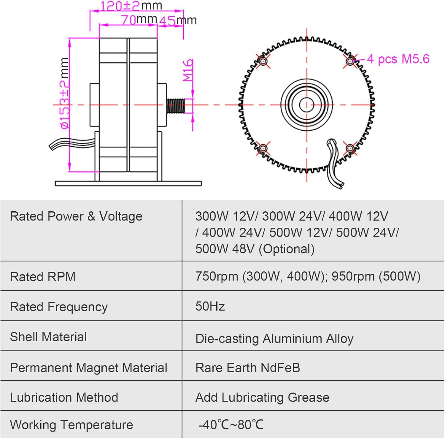 300W 24V Three-Phase AC Permanent Magnet Generator Mini High Efficiency 750RPM Low Speed Wind Generator Motor AC Alternator for Wind Generators DIY
