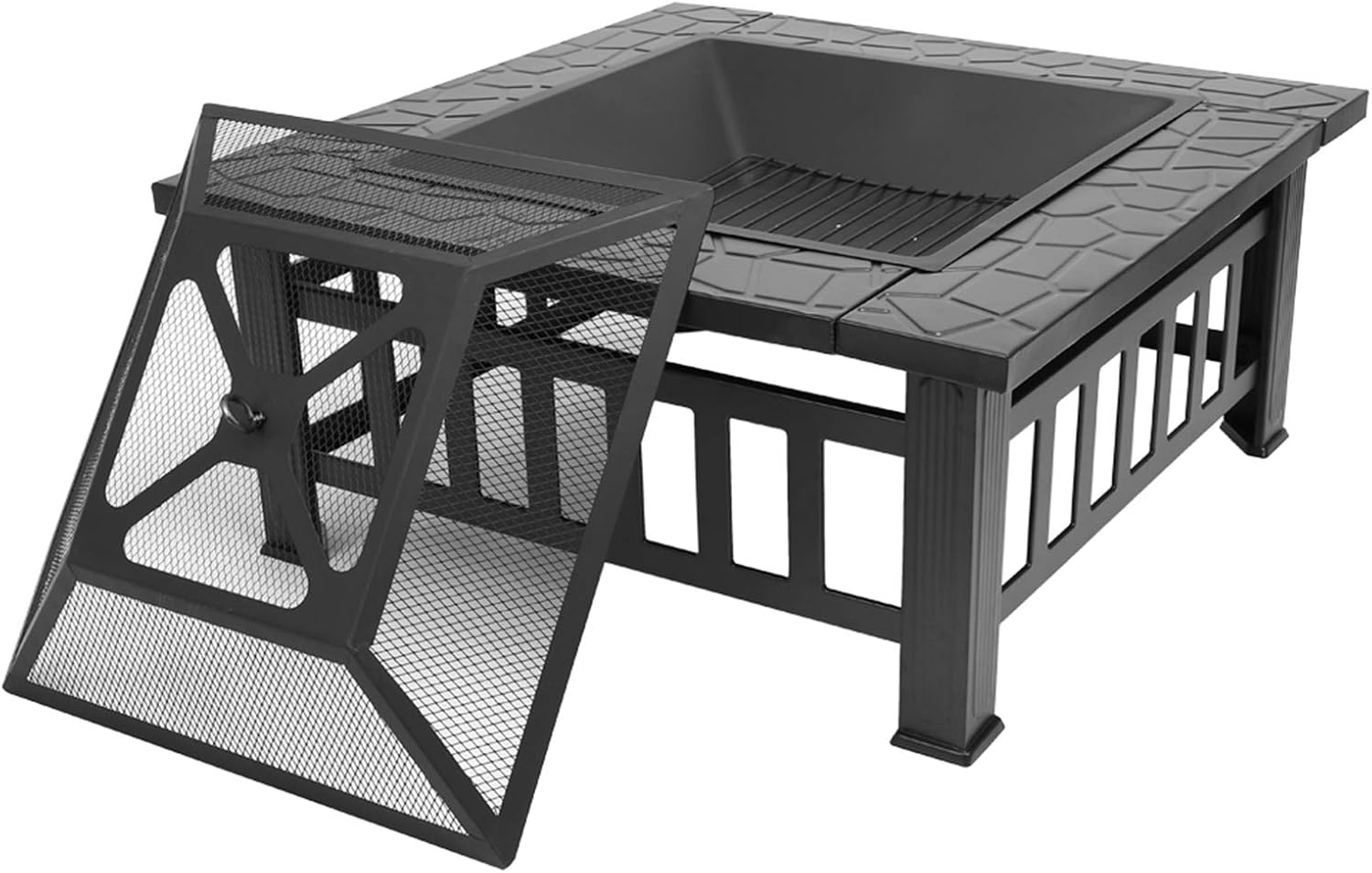 Outdoor Fire Pit, Phamzele Square Metal Firepit 32 inch with Sturdy Legs Spark Screen Lid and Poker, Portable Courtyard Metal Fire Pit for Camping Picnic Bonfire Backyard