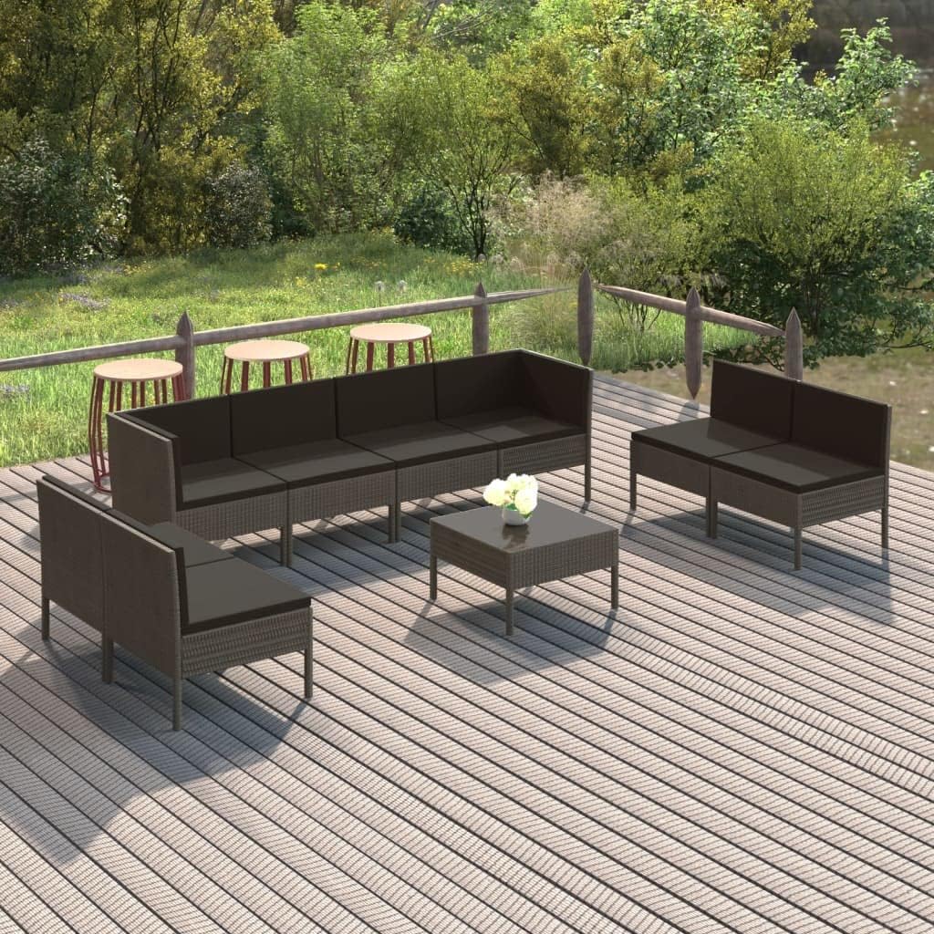 9 Piece Patio Lounge Set with Cushions Poly Rattan Gray,Durable and Comfortable Patio Lounge Set with WeatherResistant PE Rattan and Plush Cushions for Outdoor Relaxation Patio Furniture Sets, Outdoor