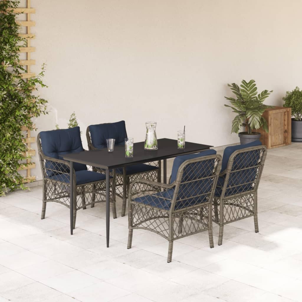 5 Piece Patio Dining Set with Cushions Gray Poly Rattan, Patio Furniture Sets, Outdoor Furniture