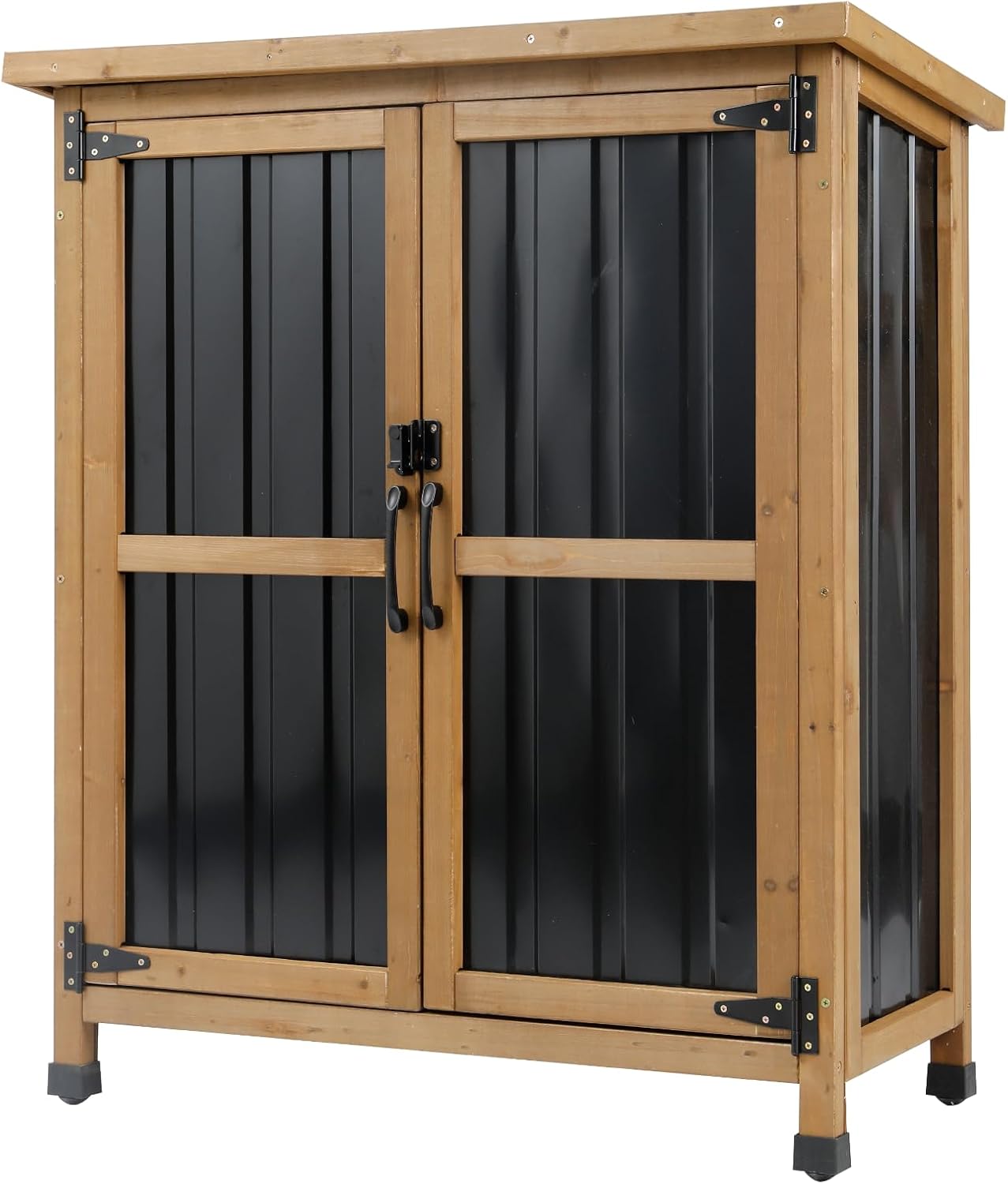 Small Outdoor Storage Cabinet Waterproof, Wood & Metal Storage Shed with Lockable Doors & Adjustable Shelves, Vertical Outdoor Cabinets for Patio Backyard,Garden Tool Shed and Accessories, Brown
