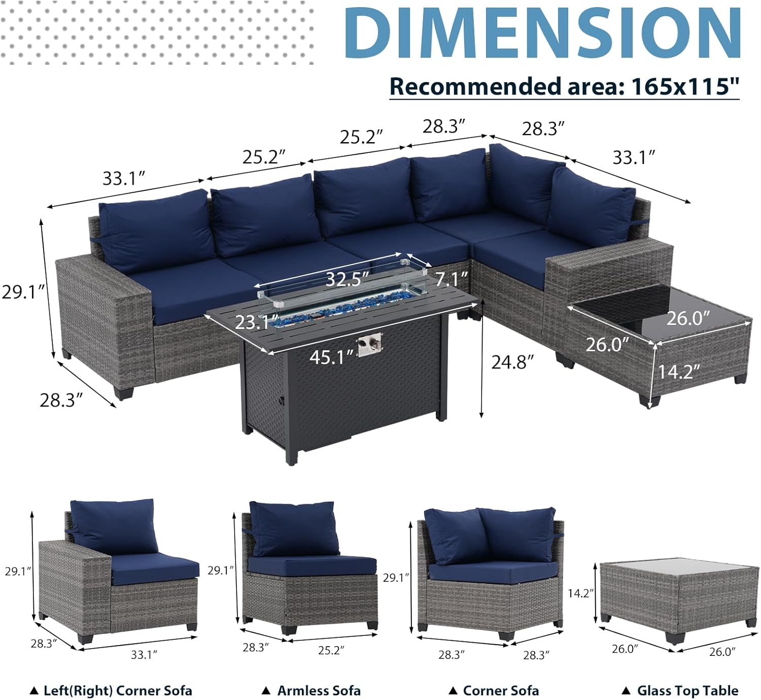 JOIVI 7 Pieces Outdoor Patio Furniture Set with 45” 50000BTU Fire Pit Table, Rattan Patio Conversation Set with Coffee Table, L-Shaped Sectional Sofa and Propane Fire Pit Set, Navy Blue