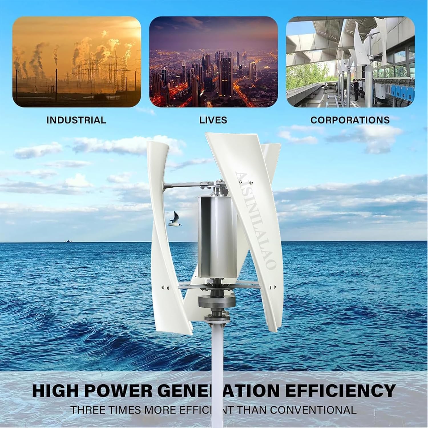 10000W Wind Turbine Vertical Axis Permanent Maglev Generator, Low Starting Wind Speed Wind Turbine Generator Kit, Aerodynamic Fiberglass Blades,12V-220V